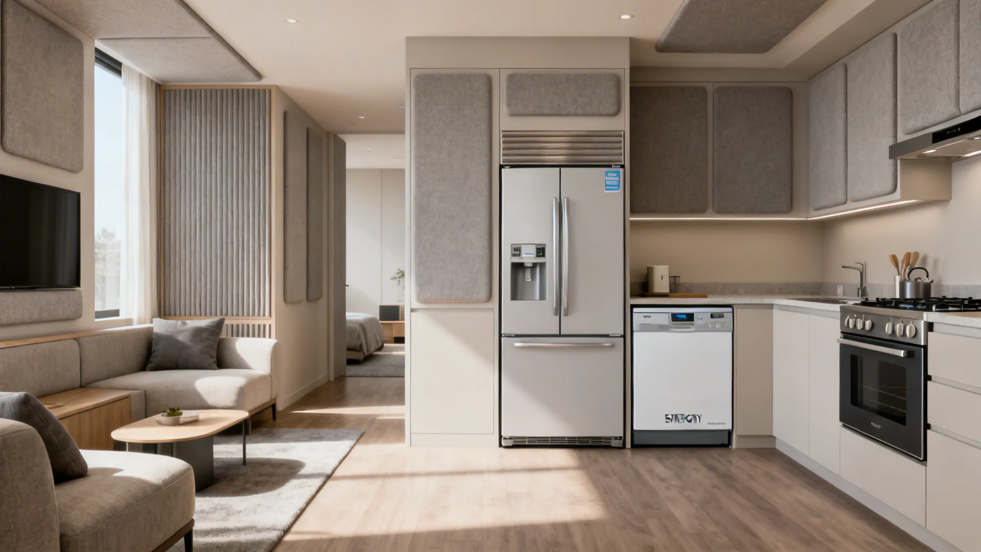 Open-plan studio kitchen with quiet, energy-efficient appliances integrated into minimalist cabinetry.
