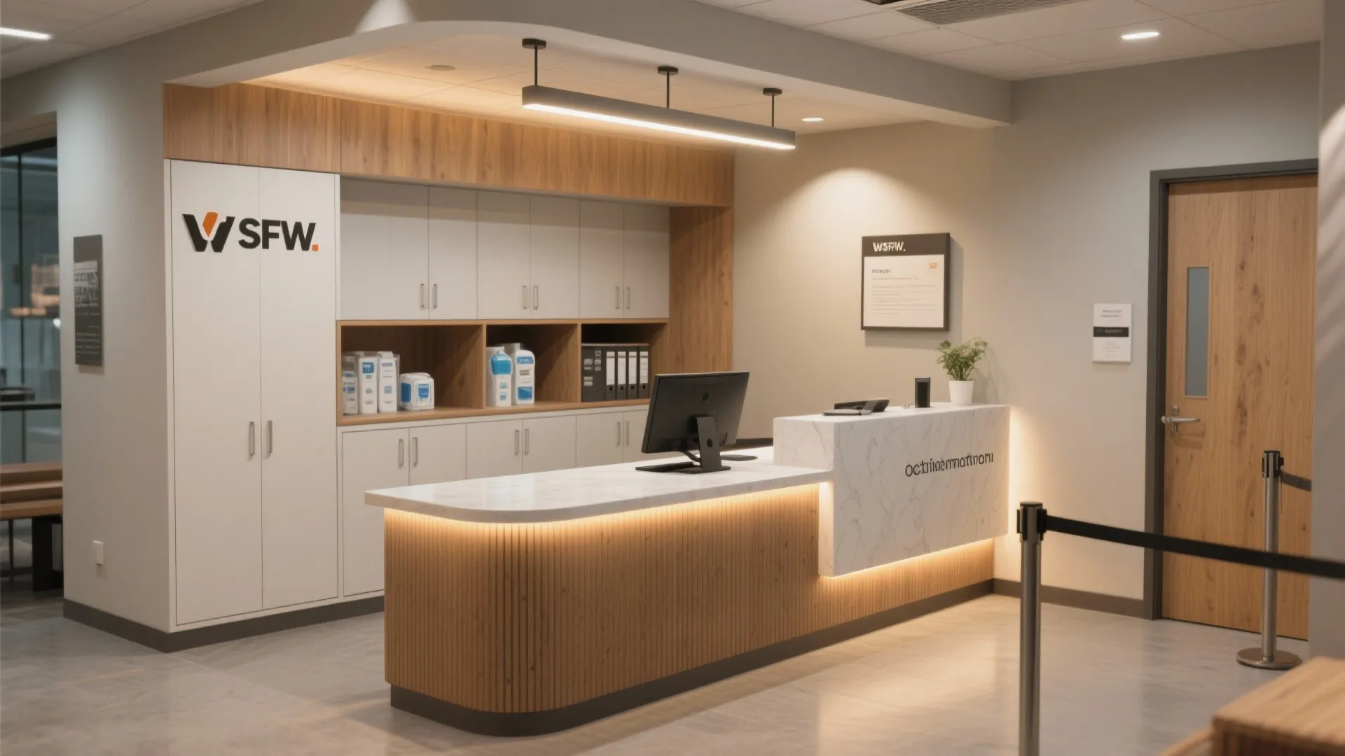 Modern office reception desk with marble top wooden panels white cabinets and linear ceiling light