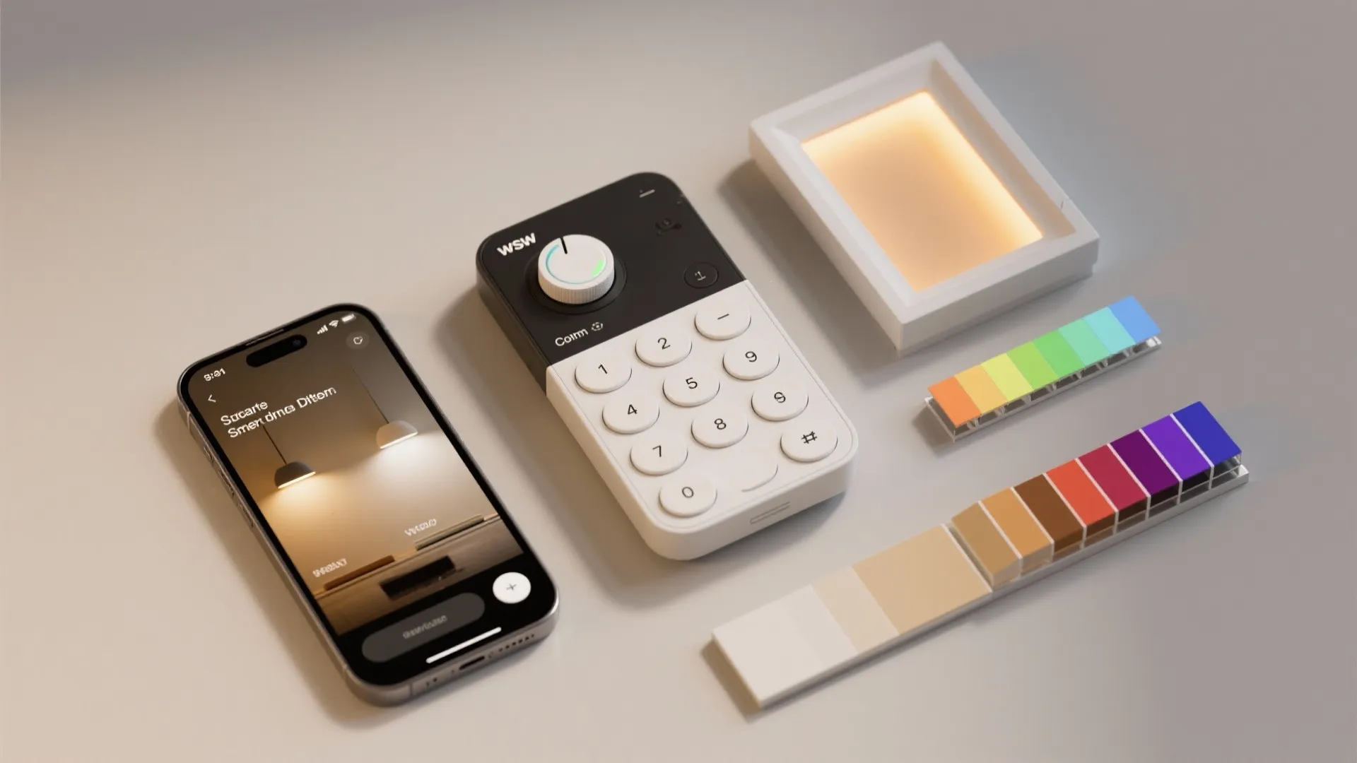 Smartphone with lighting app next to white controller small light fixture and colorful paint swatches