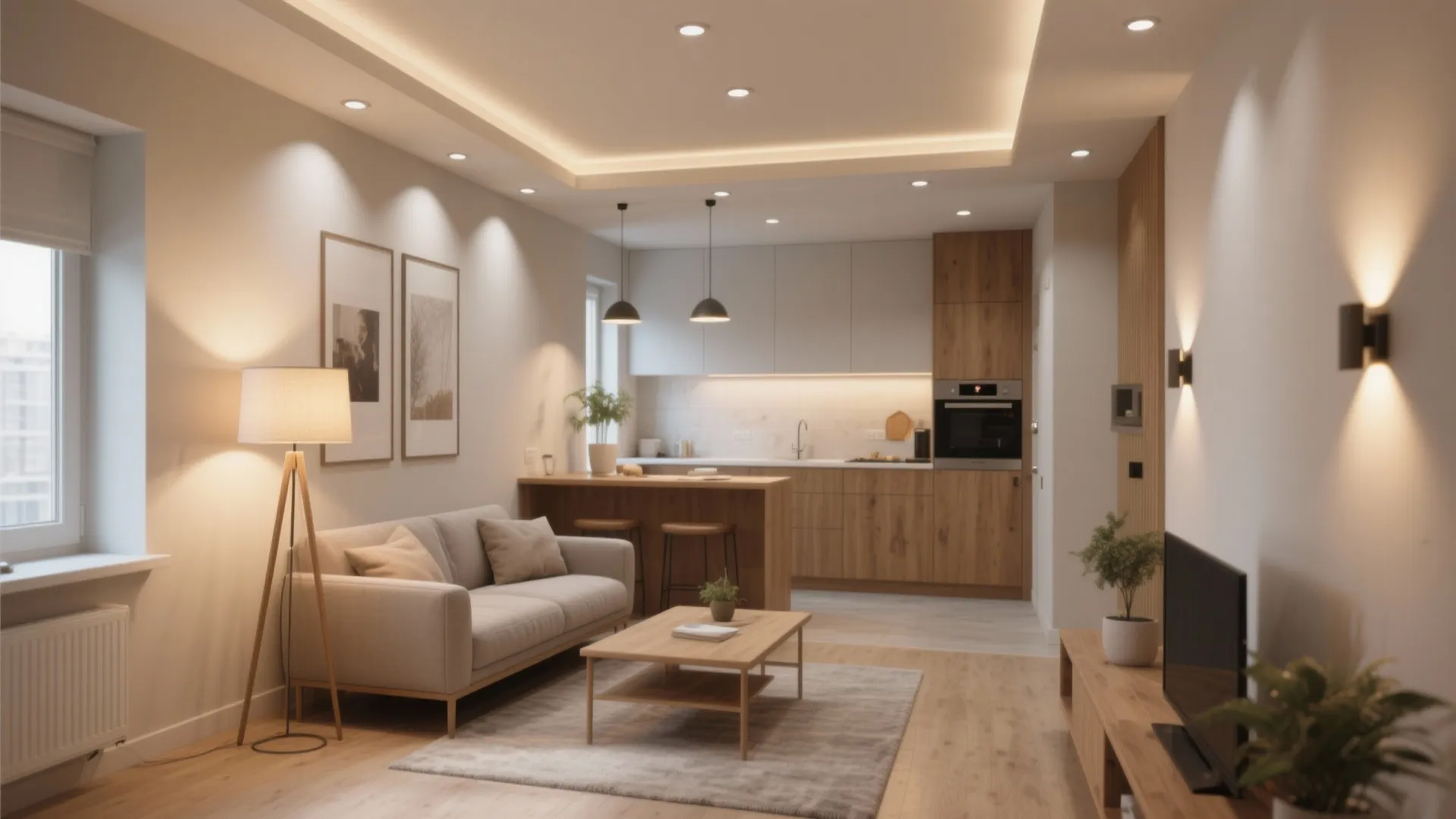 Modern warm living room with sofa wooden table floor lamp ceiling lights and open kitchen