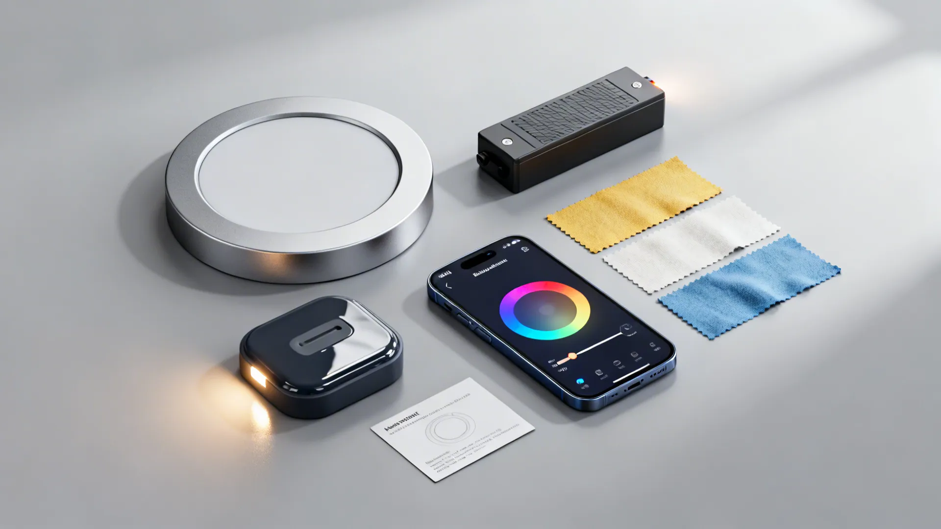 Flatlay of a smart rechargeable ceiling lamp kit with charging dock and smartphone app controls.