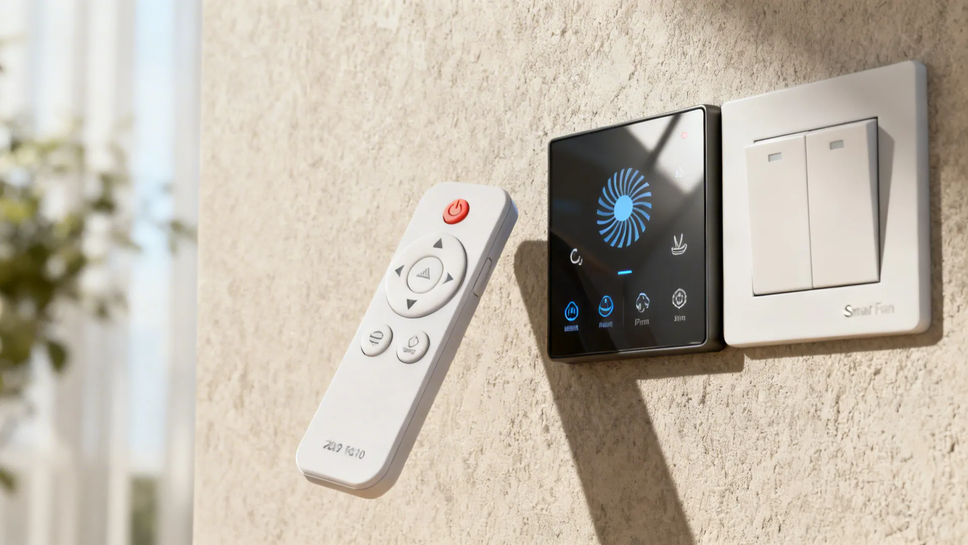 RF remote and wall-mounted smart control panel for a ceiling fan photographed close-up