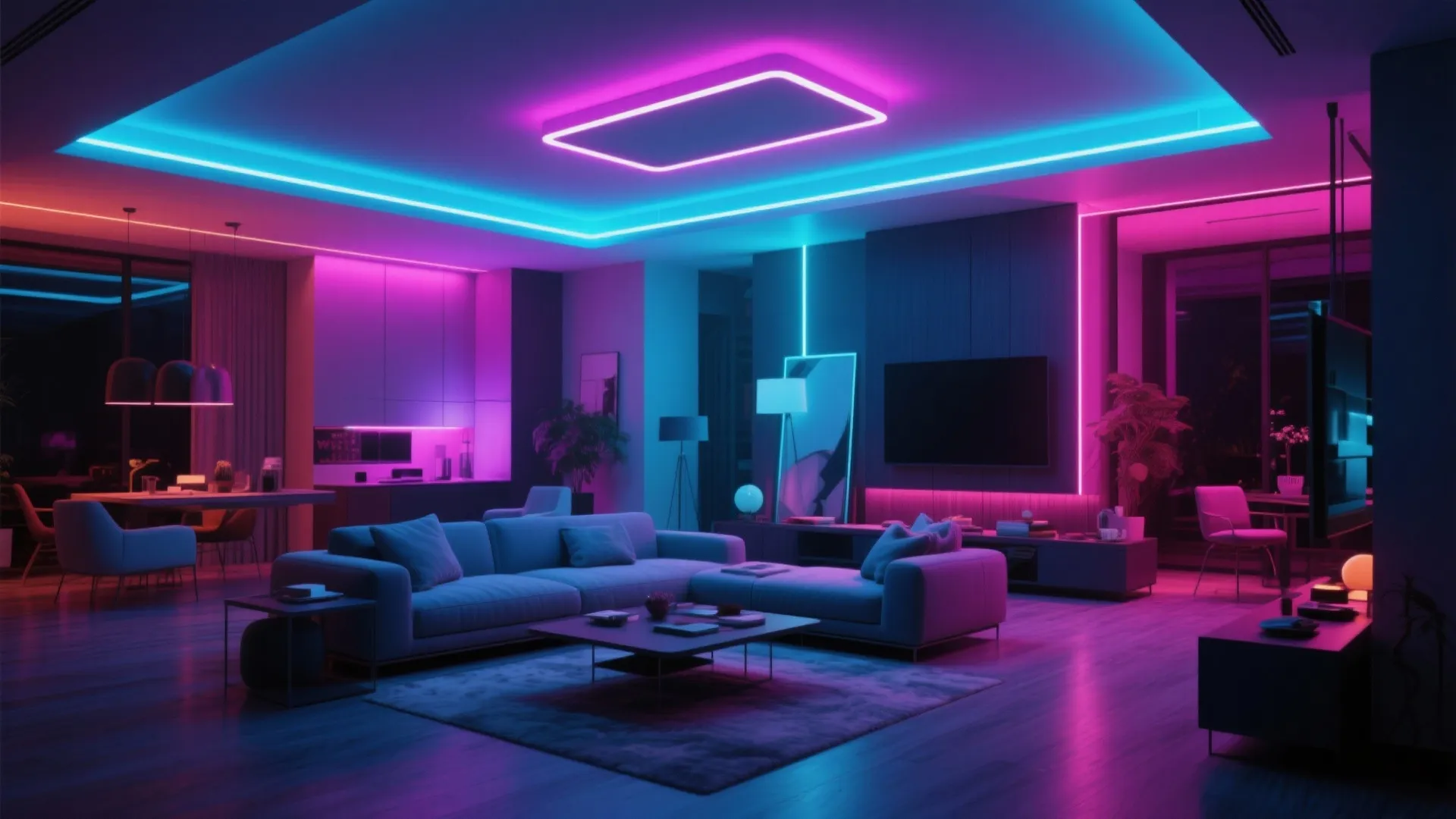 Smart RGB LED ceiling lighting creating colorful scenes