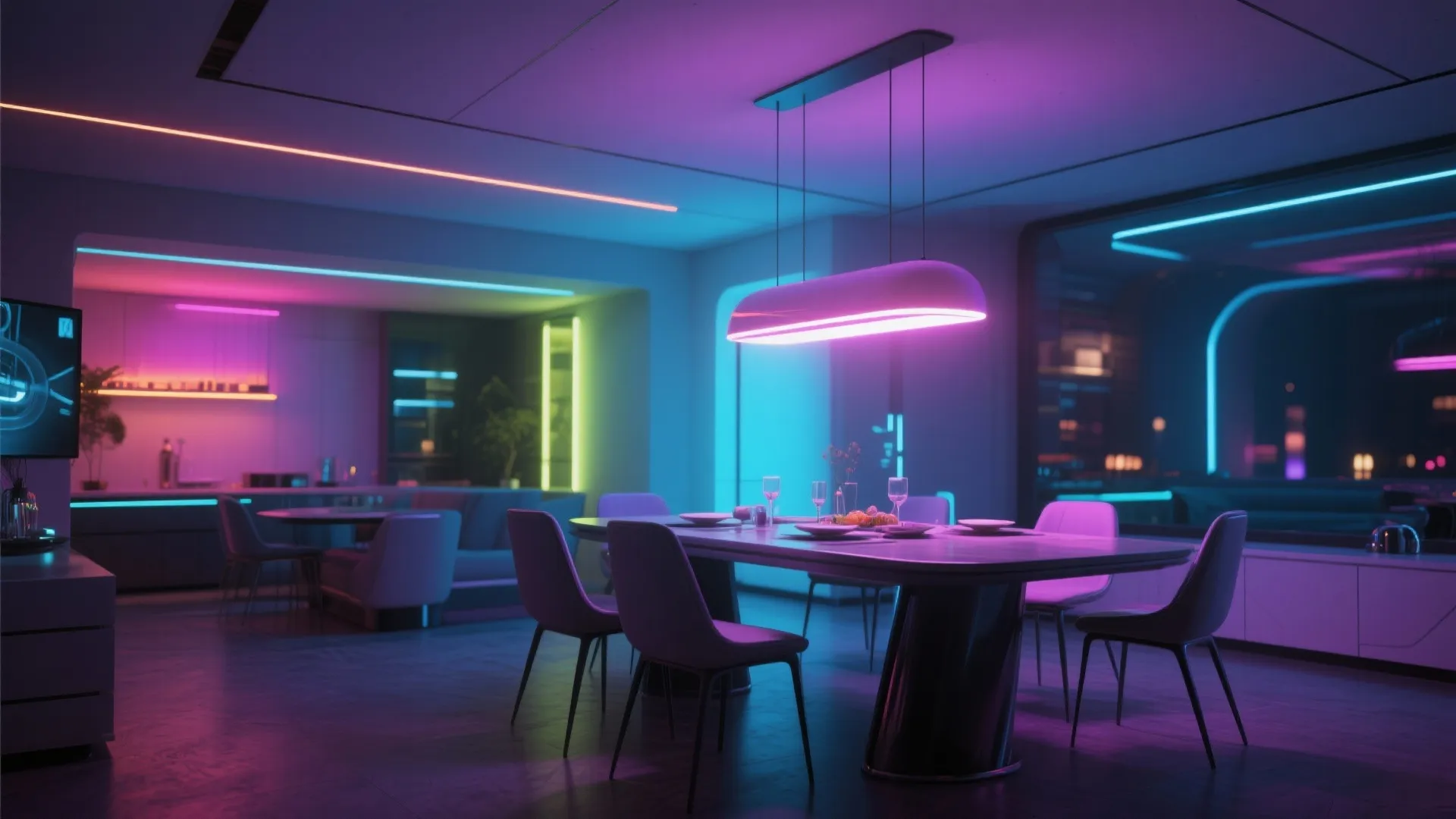 Modern dining space with color-adjustable smart RGB lighting
