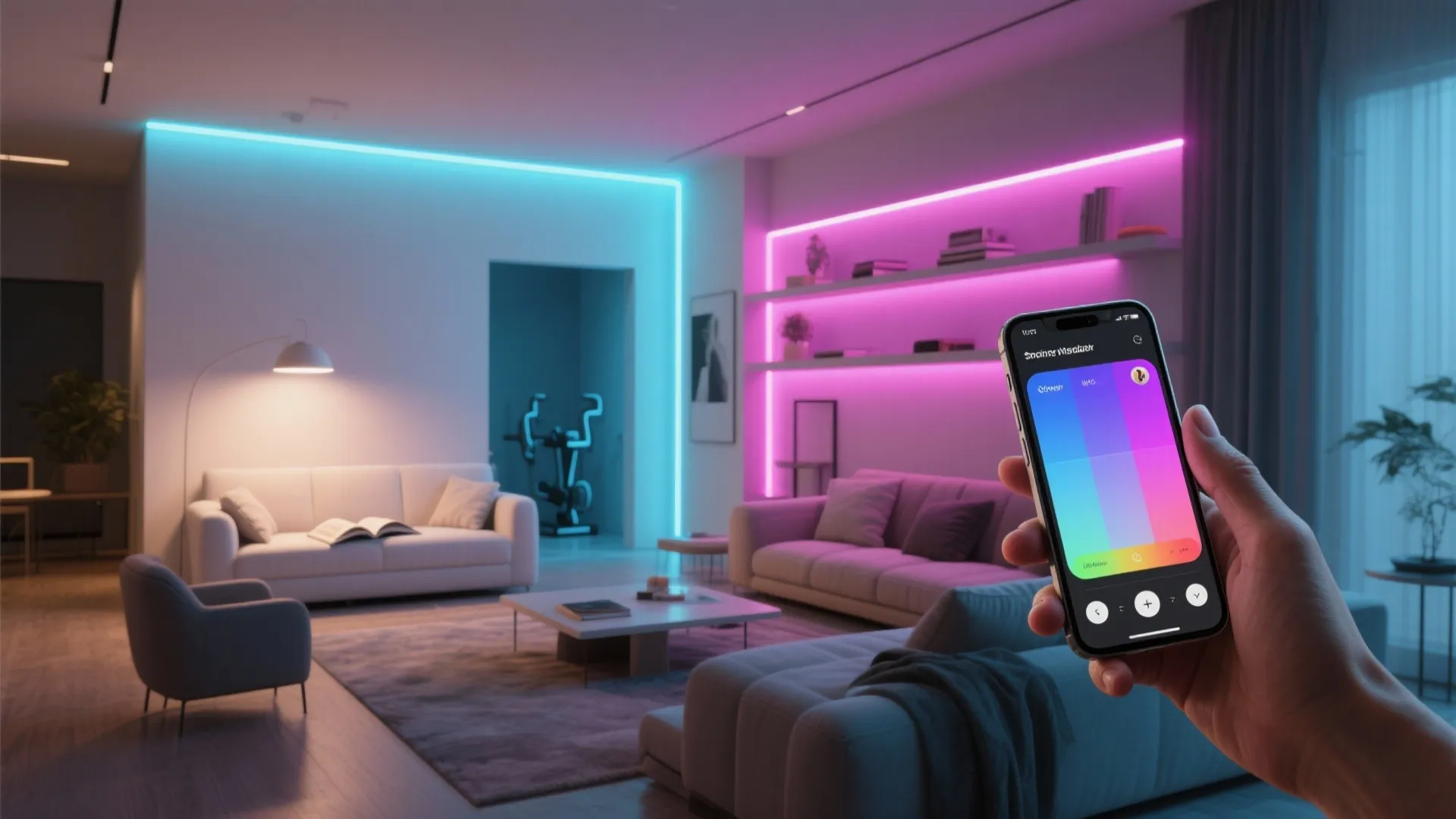Living area demonstrating smart RGBW LED color scenes controlled from a smartphone app, showing mood versatility.