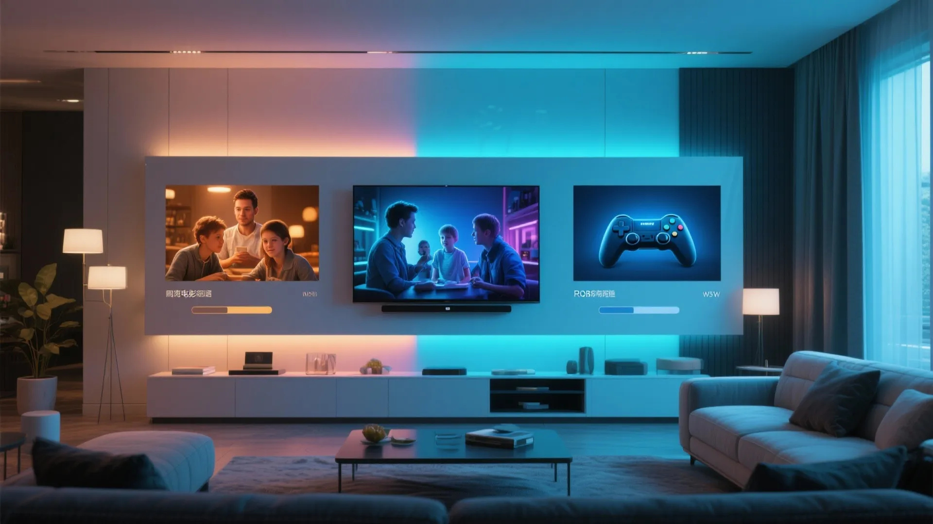 Modern living room featuring a wall mounted television with orange and blue smart lighting effects