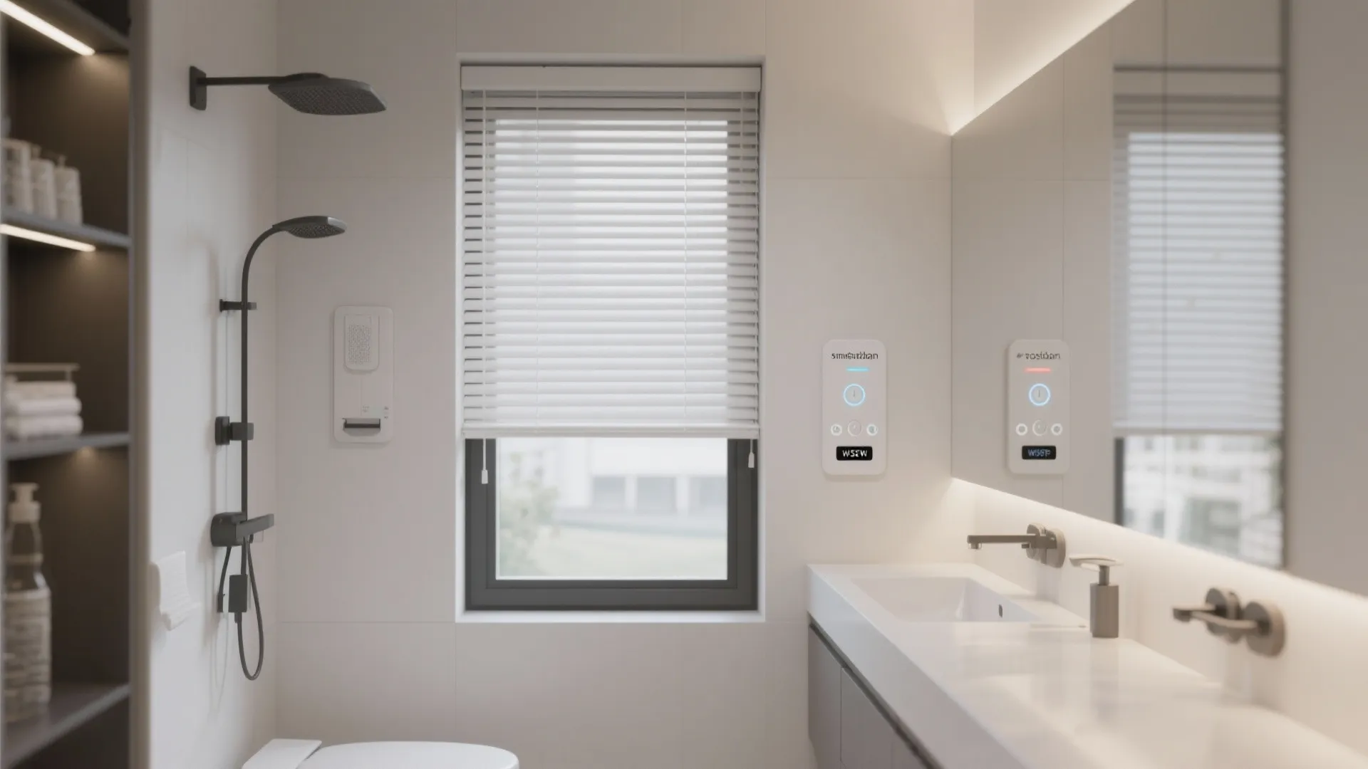 Modern white bathroom with smart control panel window blinds black shower head and large wall mirror