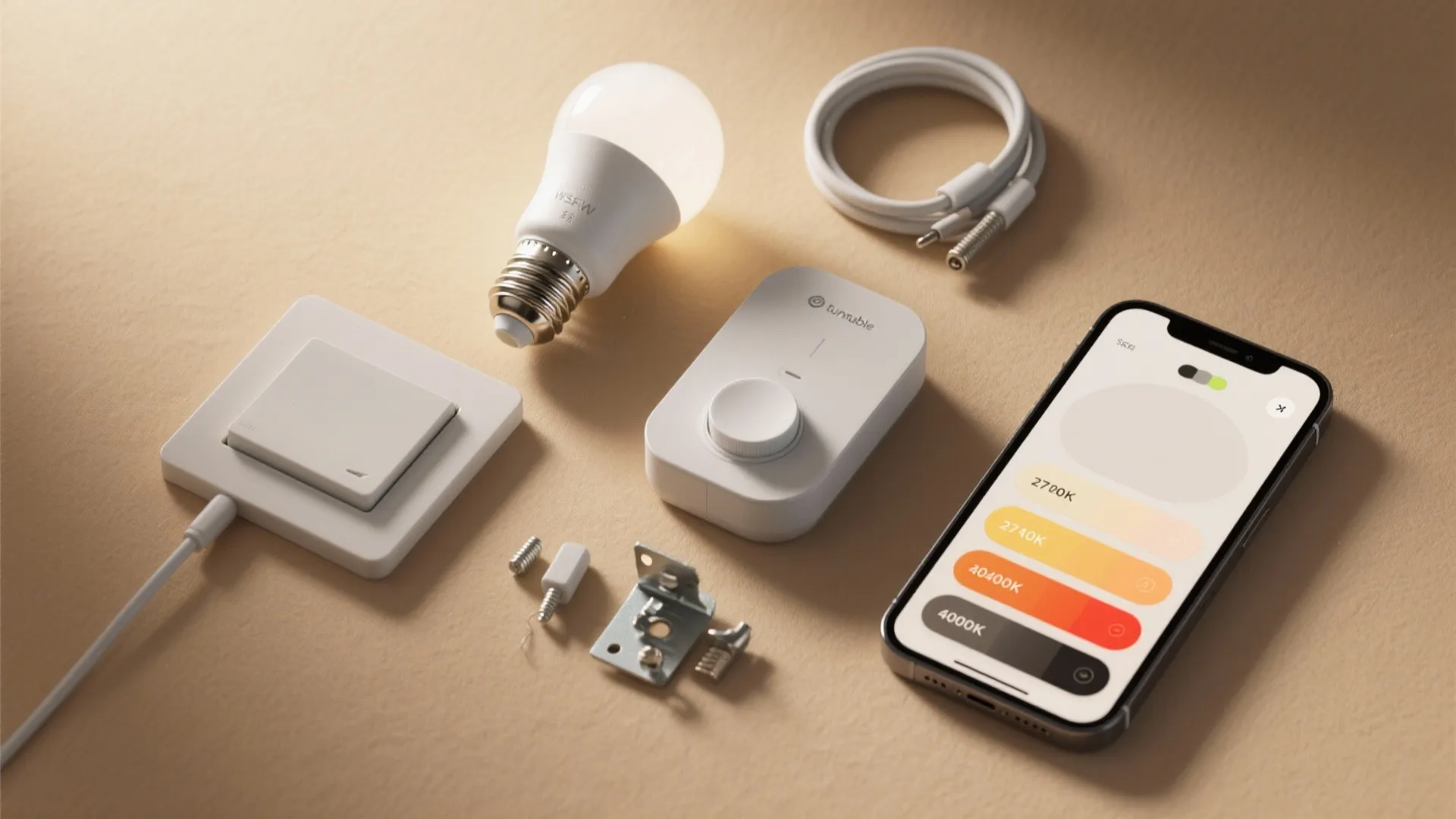 Smart home lighting kit including light bulb switch controller and phone app for color temperature adjustment