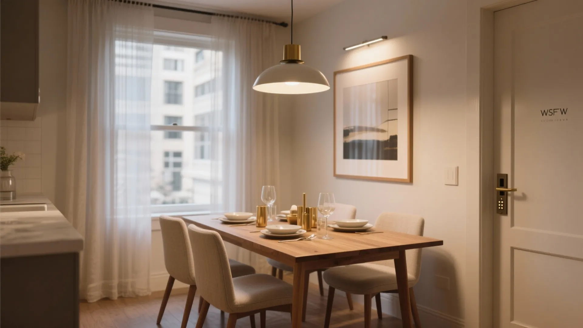 Bright dining space with wooden table, four chairs, white ceiling light, and large window curtains