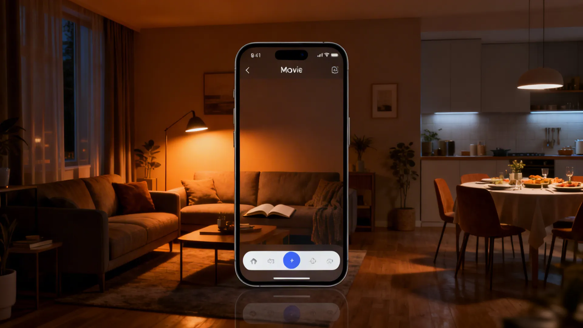 Small living room shown in three smart lighting scenes with a smartphone selecting modes.