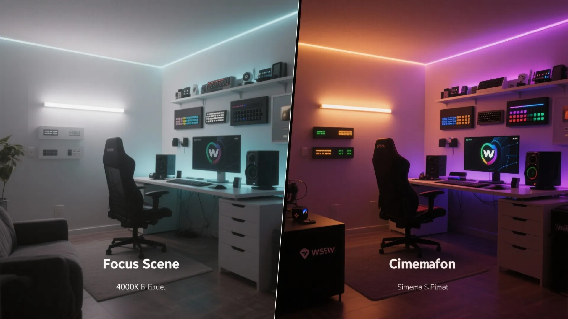 Split view of Focus and Cinema smart lighting scenes in a gaming room with quick preset controls.