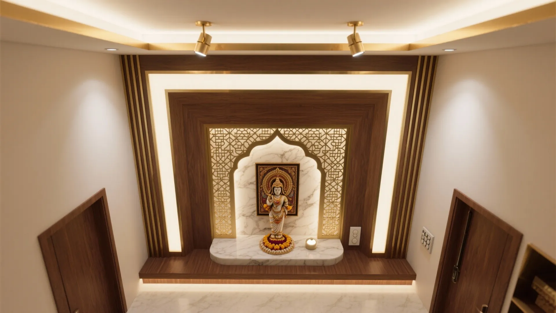 Small prayer area with marble shelf wooden wall panels golden light fixture and hidden lighting