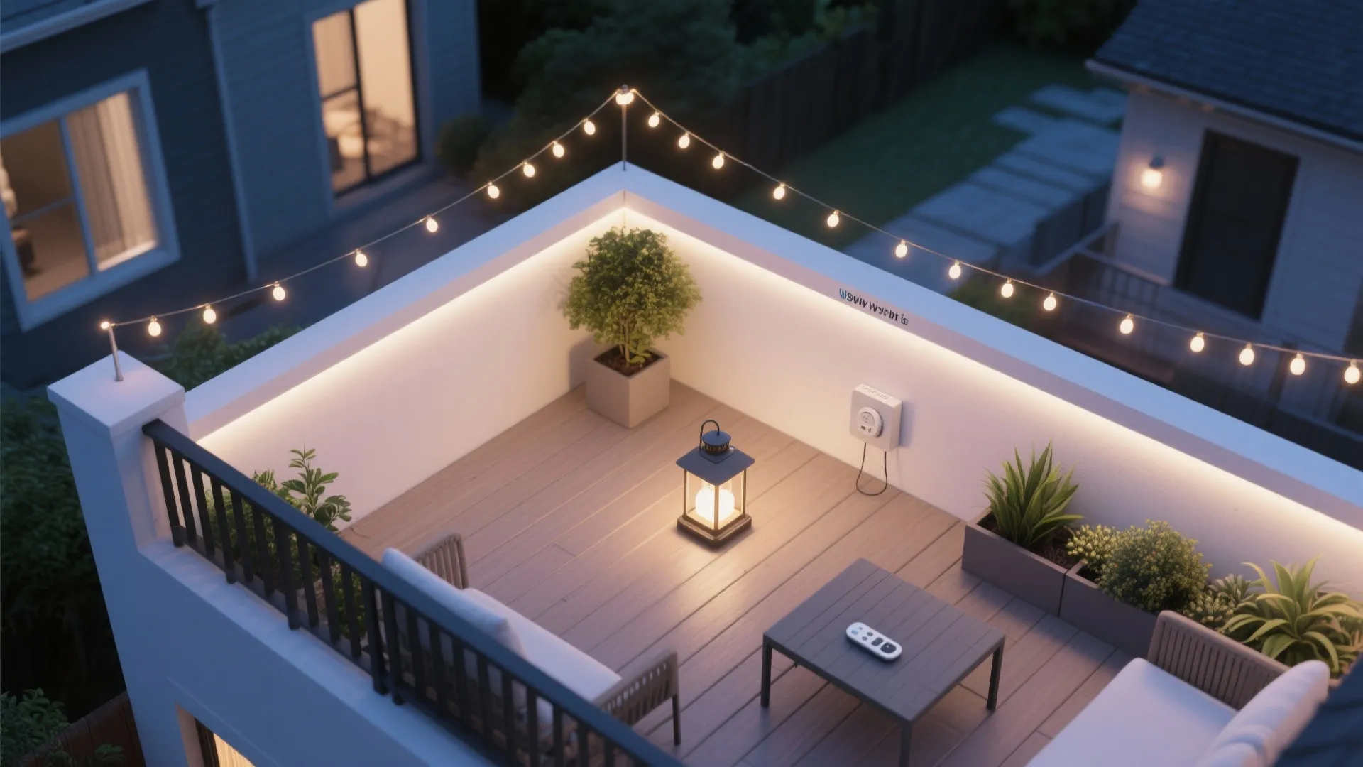 Modern rooftop terrace at night with string lights wall lighting outdoor sofa table and potted plants