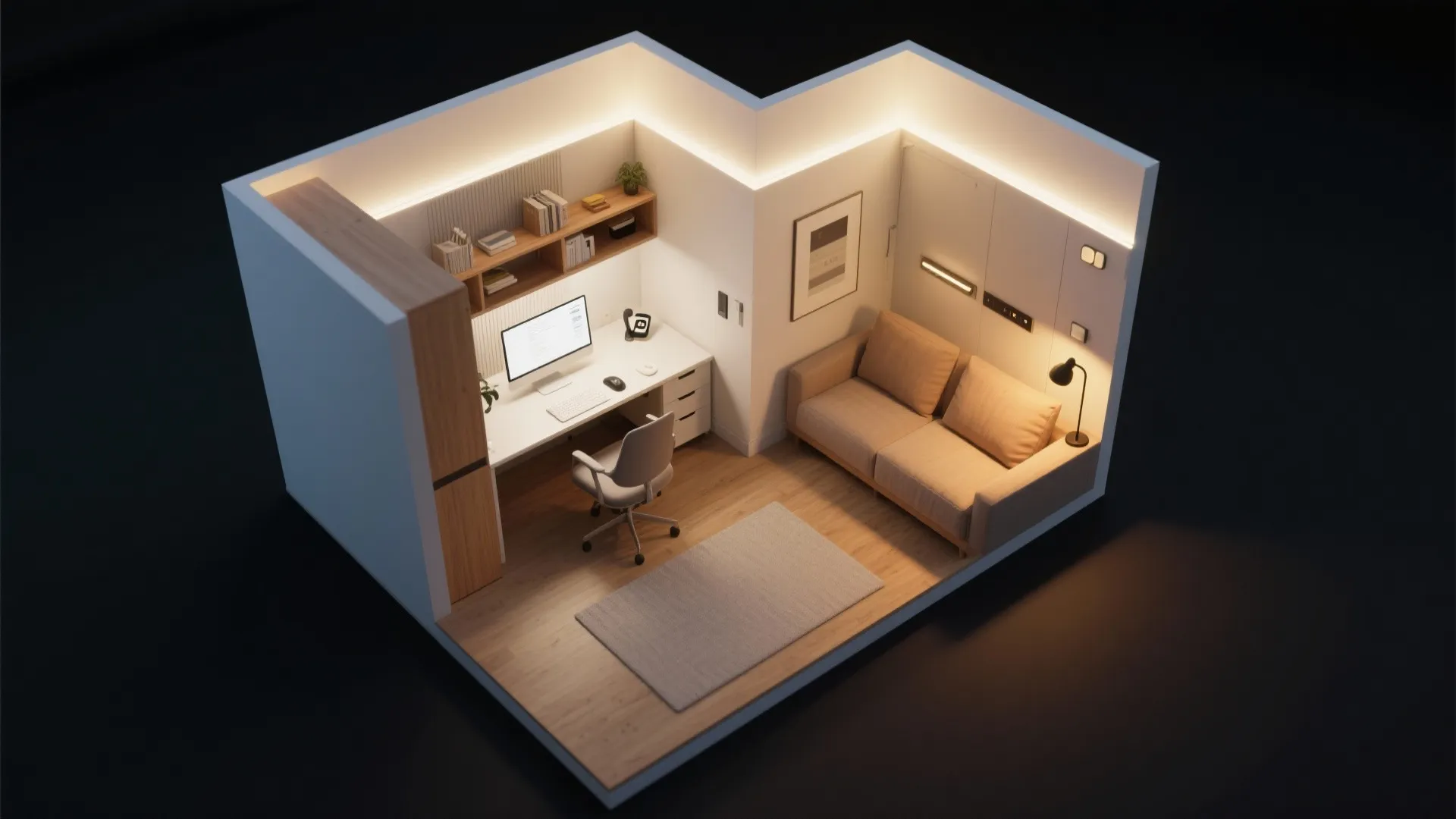 Modern home office room layout with white desk computer tan sofa and warm ceiling light