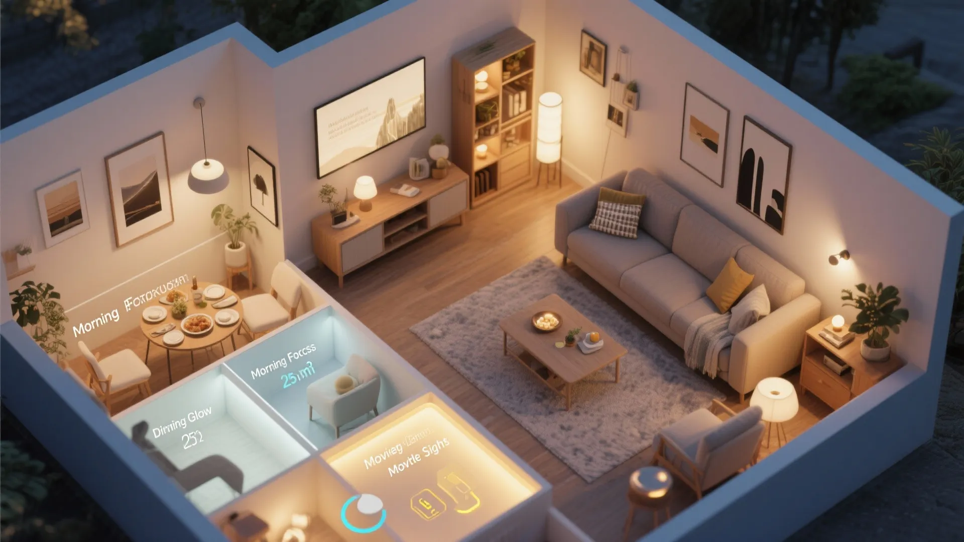 A small apartment interior design drawing showing living and dining areas with warm ambient lighting