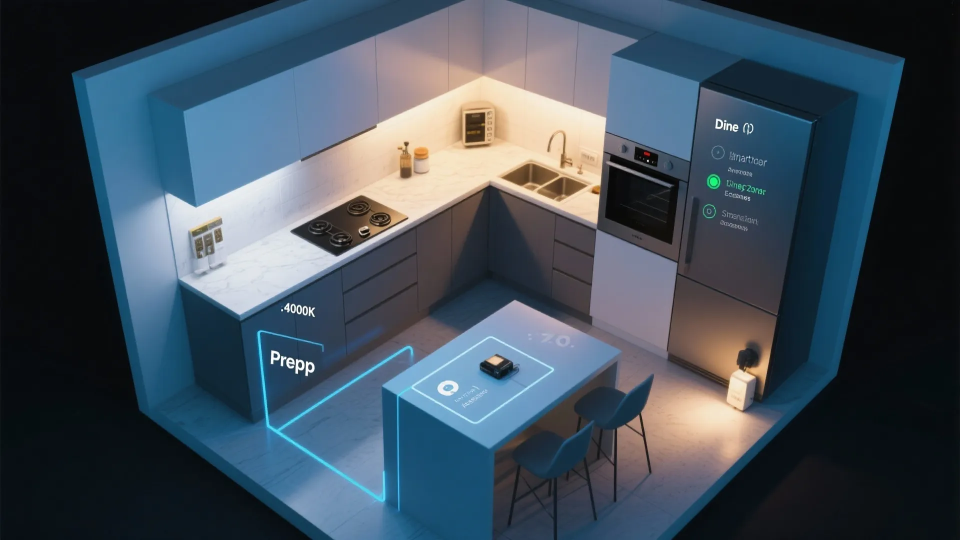 Top-down mapping of smart lighting scenes in a small kitchen: prep, dine, and midnight path light.