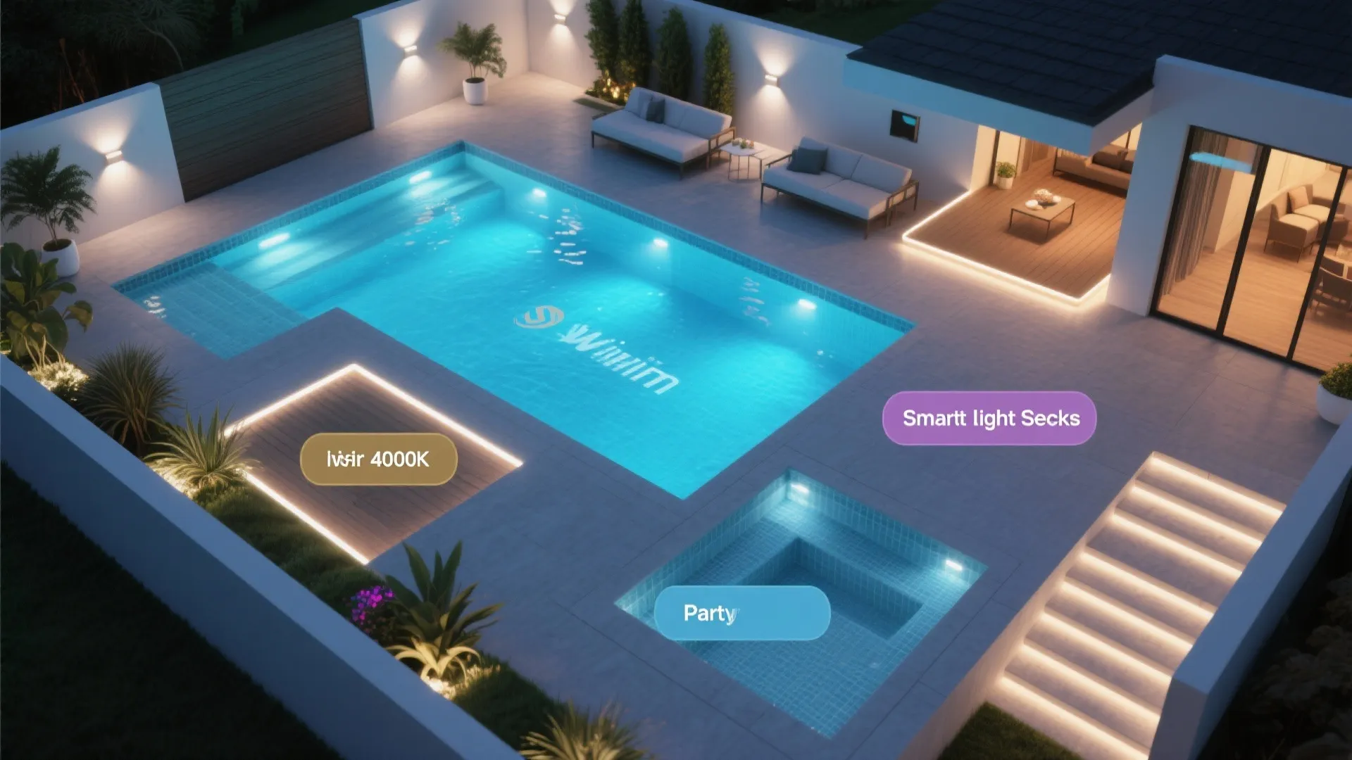 Top-down view illustrating swim, lounge, and party lighting scenes across a compact pool and deck.