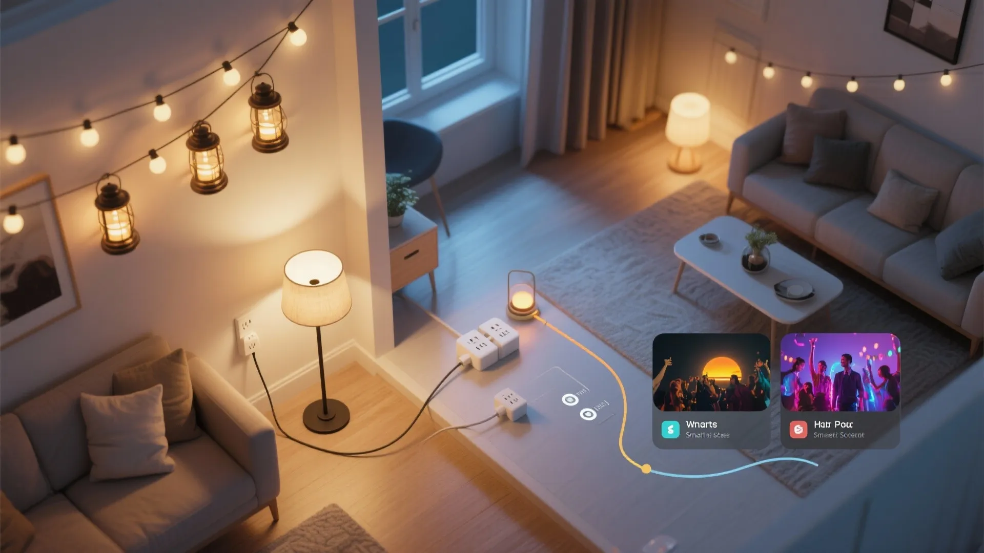 Smart home lighting control interface showing connected power outlets and different room light scene options