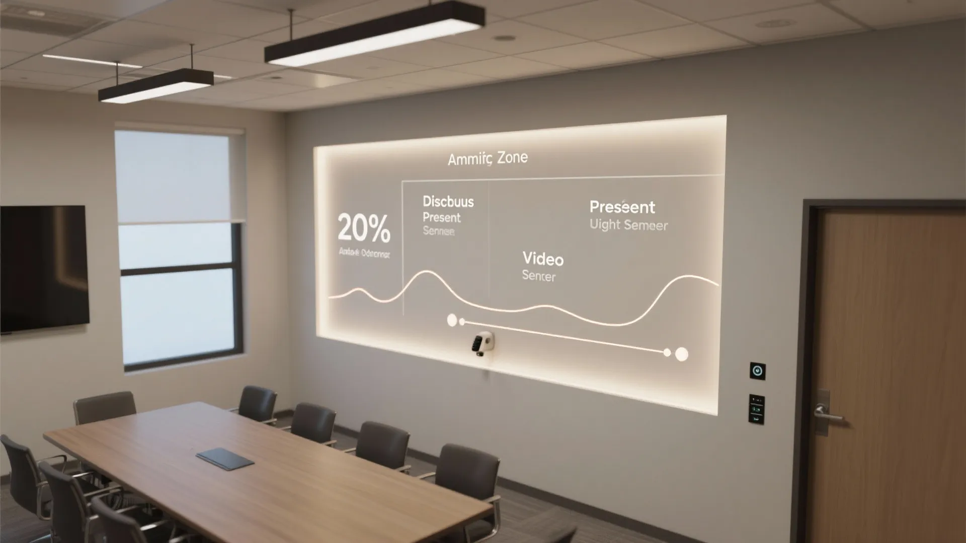 Modern office meeting room with wooden table black chairs and wall mounted digital display panel