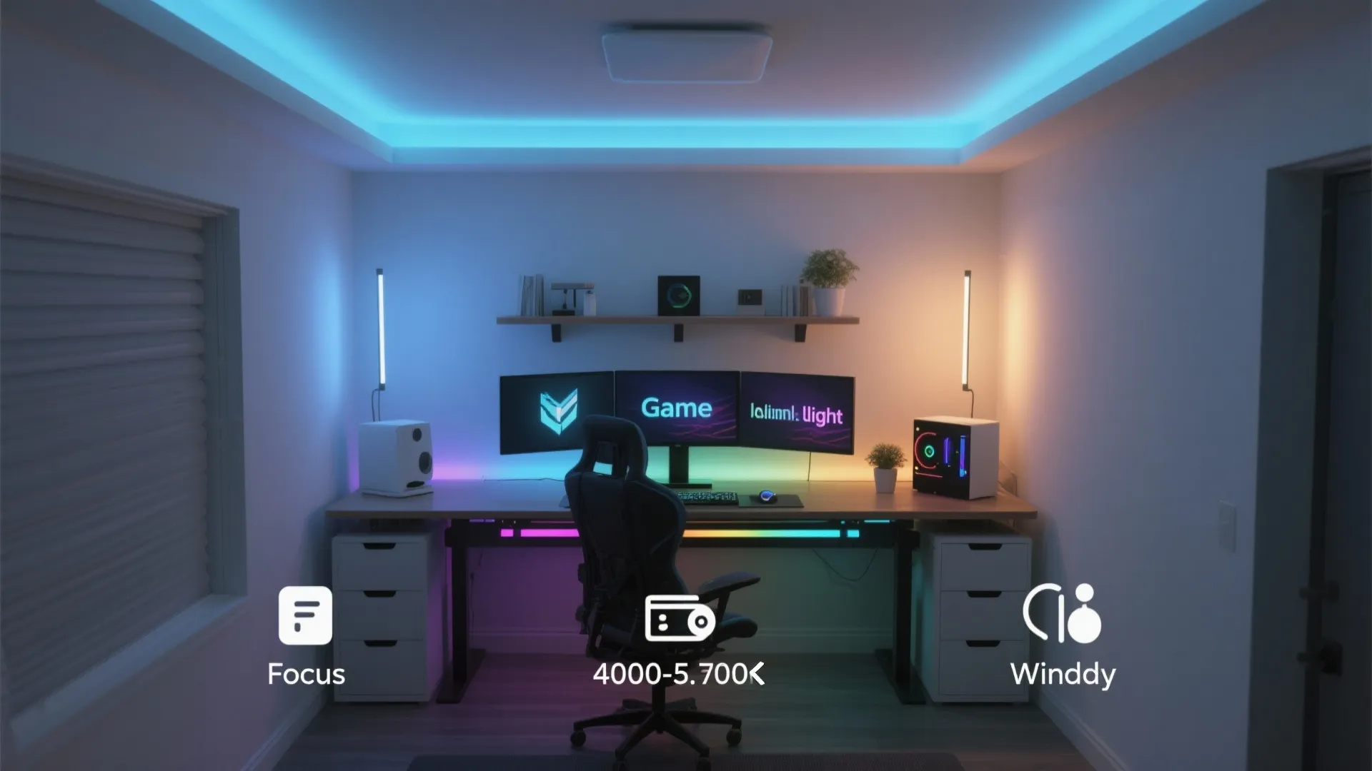 Modern gaming room with three monitors black chair white cabinets and blue led ceiling light
