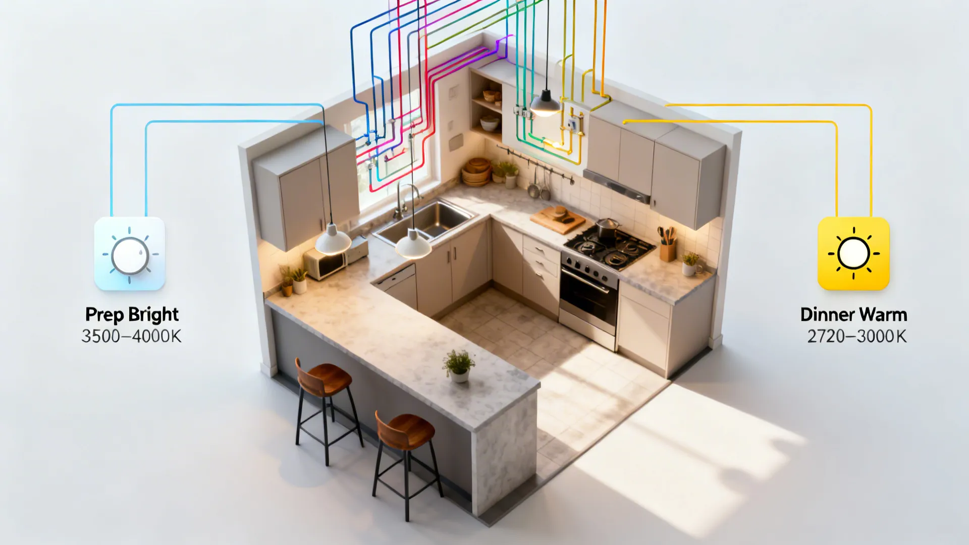 Top-down kitchen diagram showing ambient and task circuits grouped into simple smart dimmer scenes.