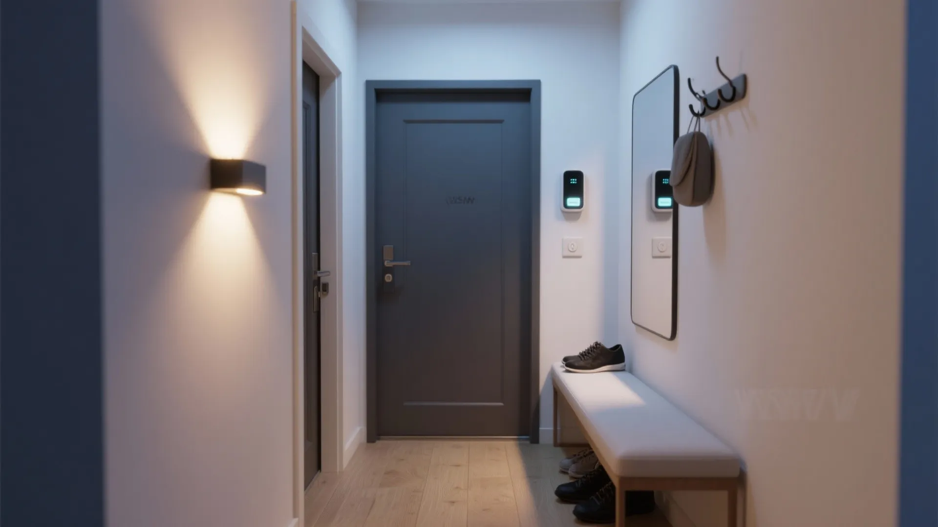 Entryway with a dark door a wall light a mirror and a bench with shoes