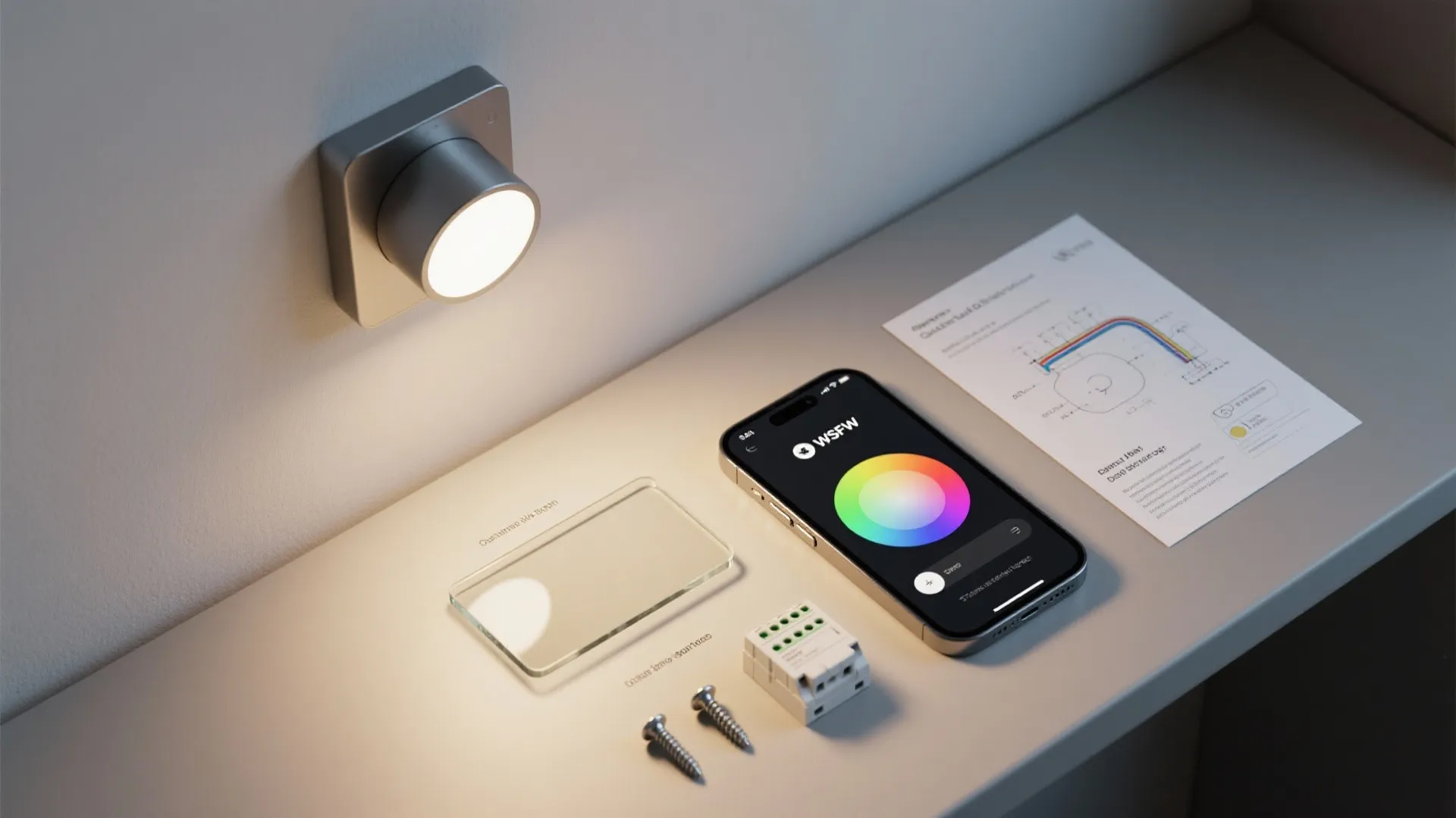 Flatlay of components for integrated smart sconces including a smartphone app, fixture sample, and wiring elements.