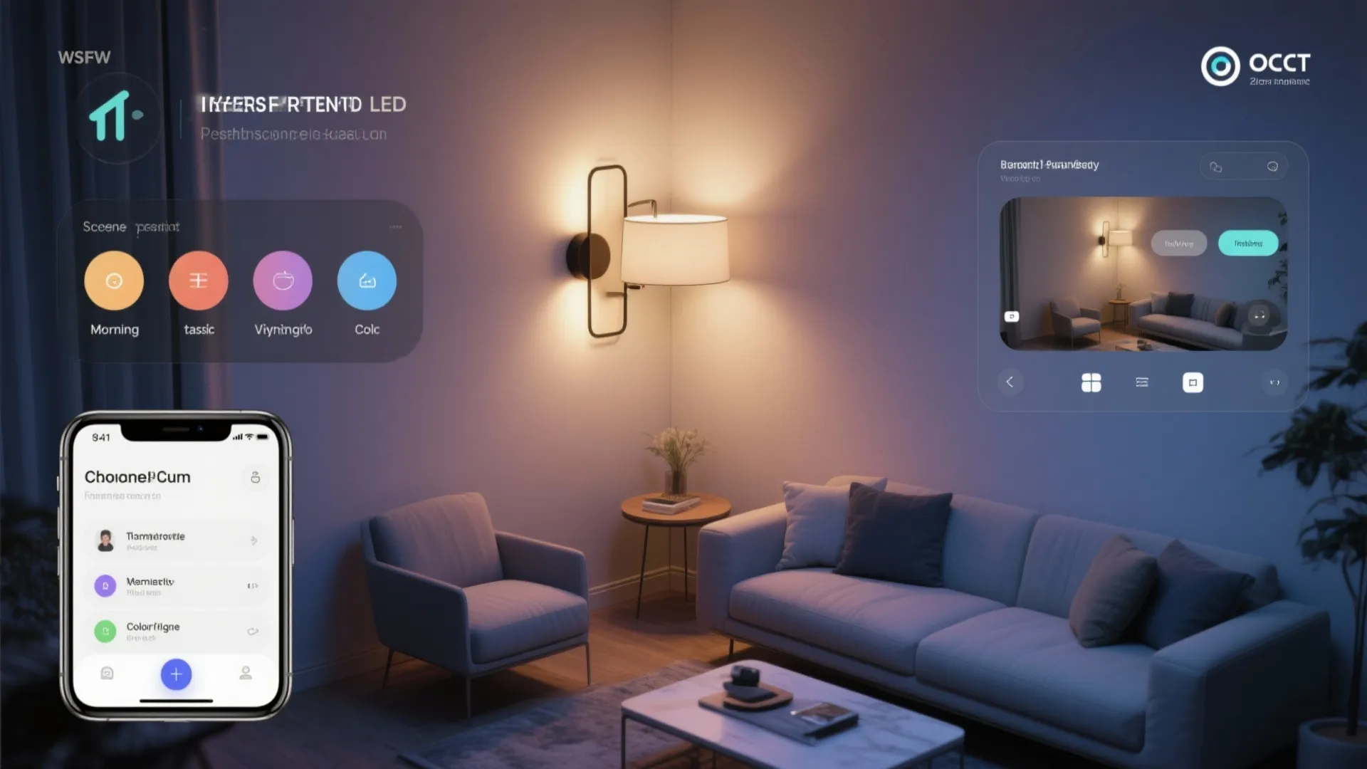 Smart home mobile app interface controlling wall light brightness in a living room with sofa