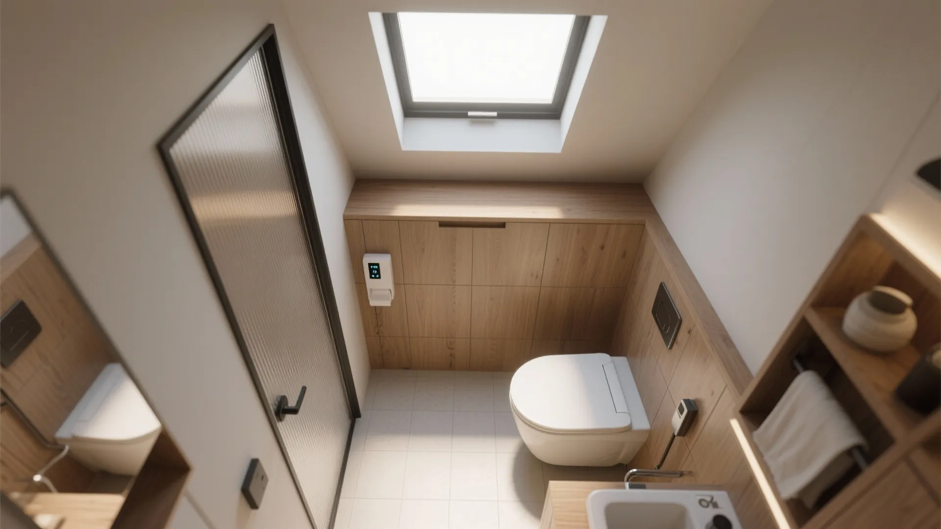 Top view of compact bathroom with wood wall panel white toilet roof window and glass