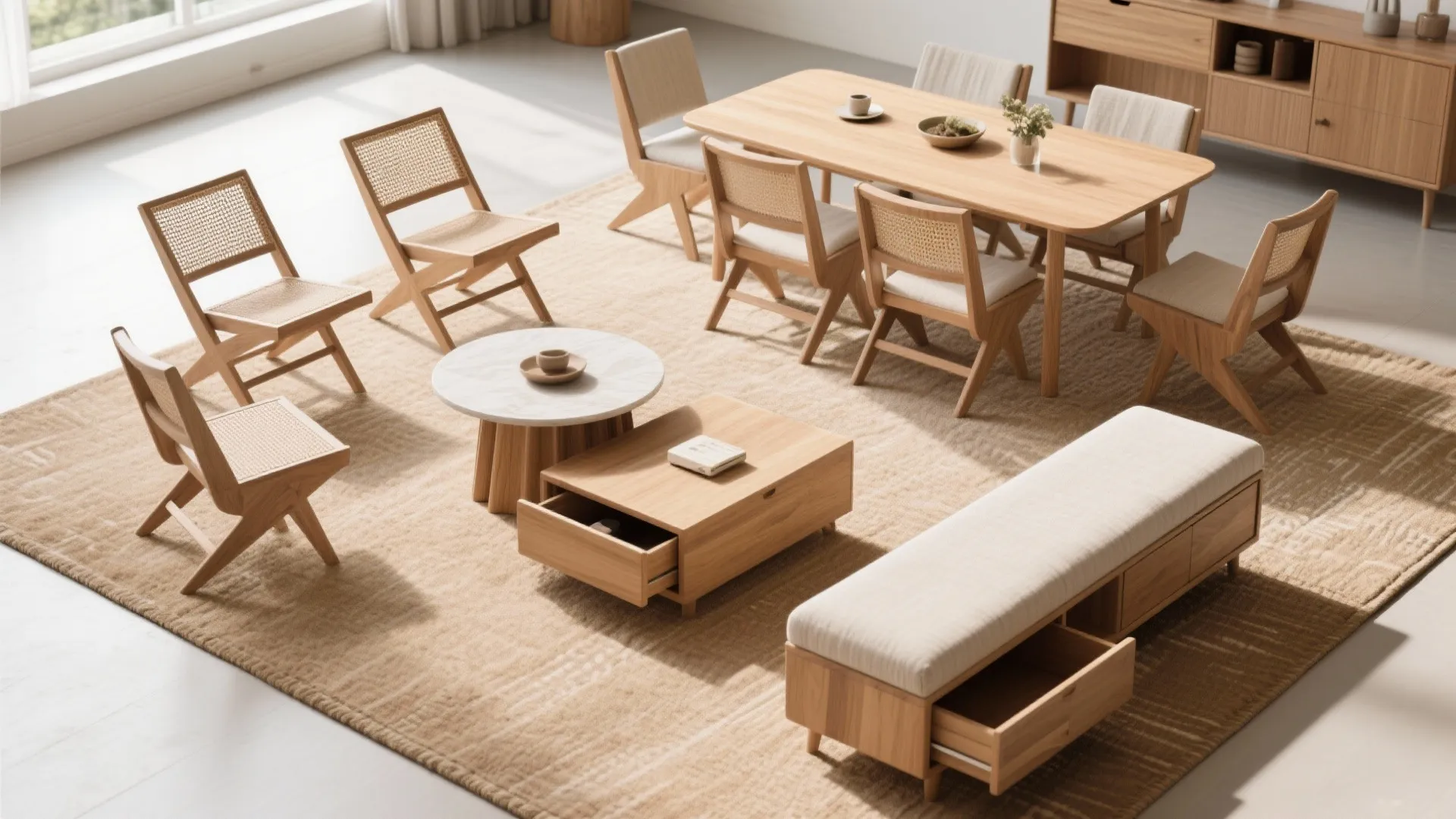 Wooden dining table with chairs round coffee table and a storage footrest on beige rug