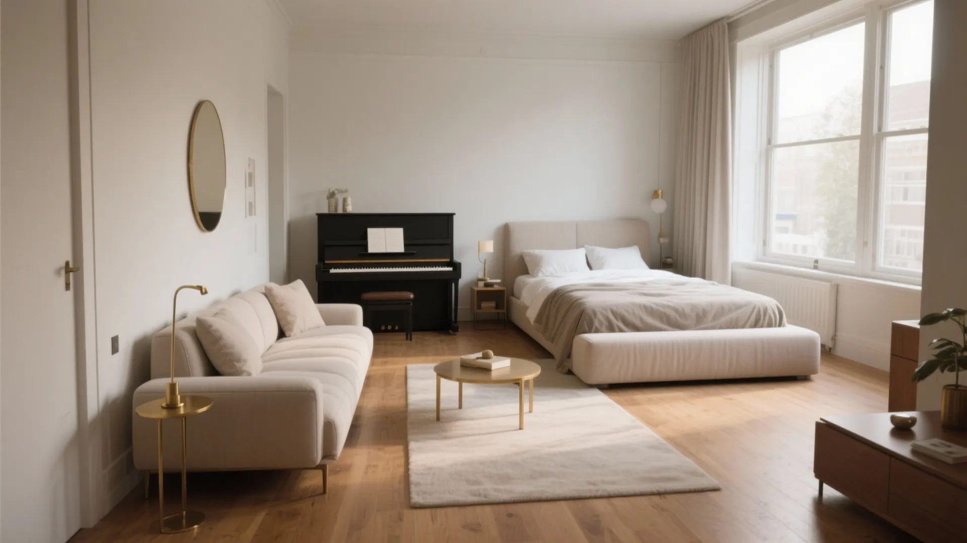 Modern open plan studio with white sofa a piano large bed and bright natural window light