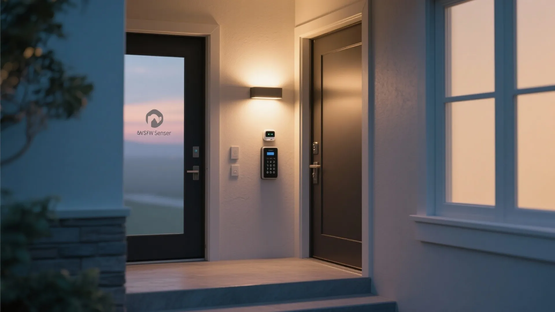 Home entrance at dusk with two doors wall light and a smart keypad door lock