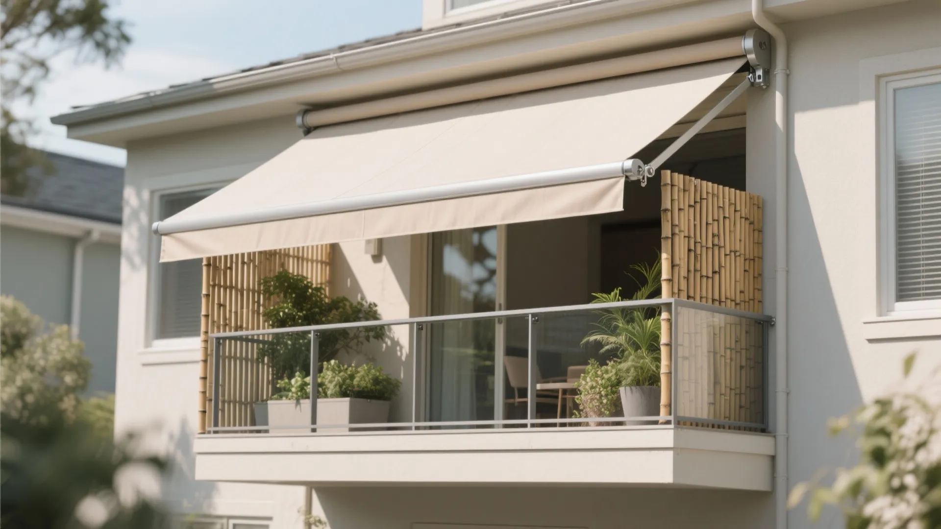 Modern balcony with a beige retractable sun shade, glass railing, bamboo privacy screens, and plants