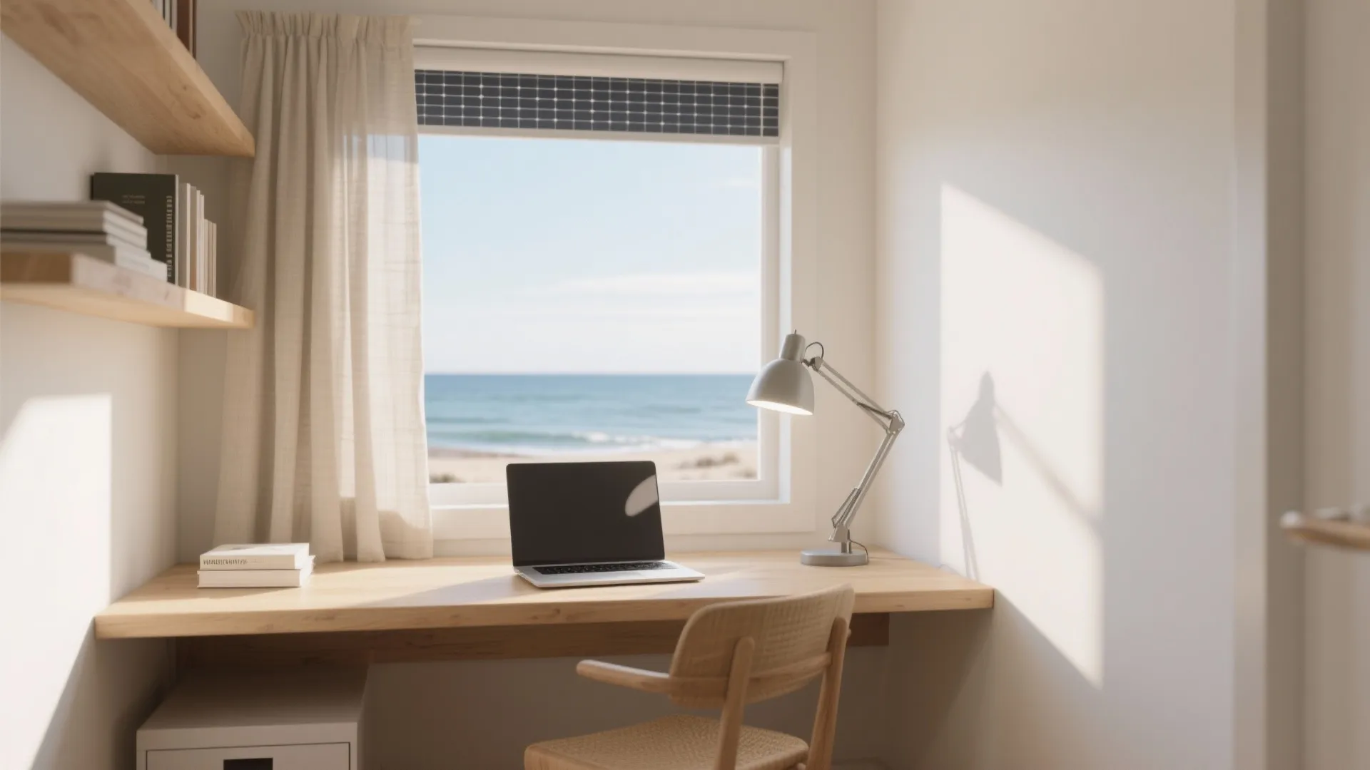 Wooden desk with laptop and light fixture facing a window with ocean view and curtain