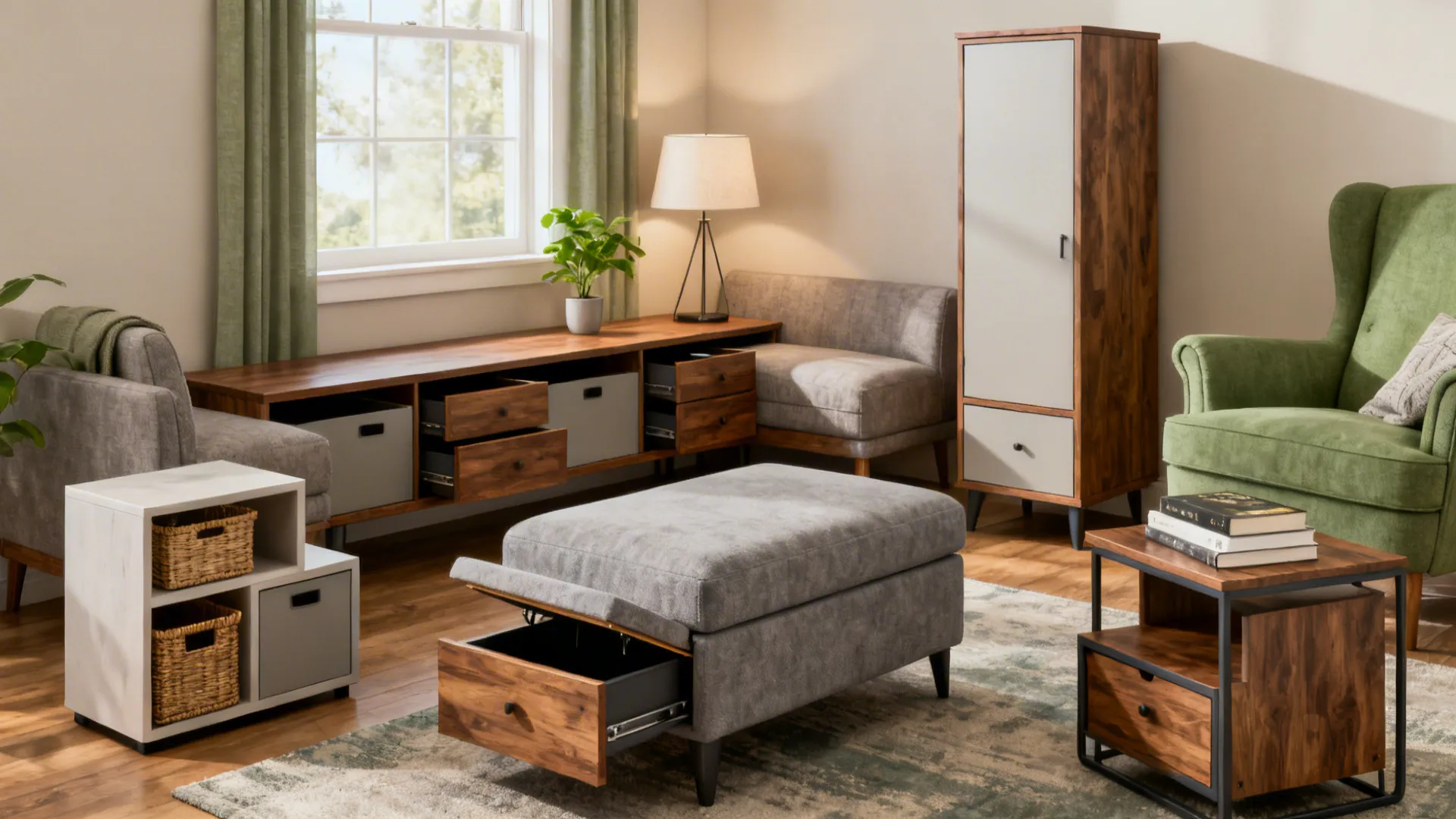 Living room with wooden storage cabinets open drawers grey footrest green chair and warm table lamp