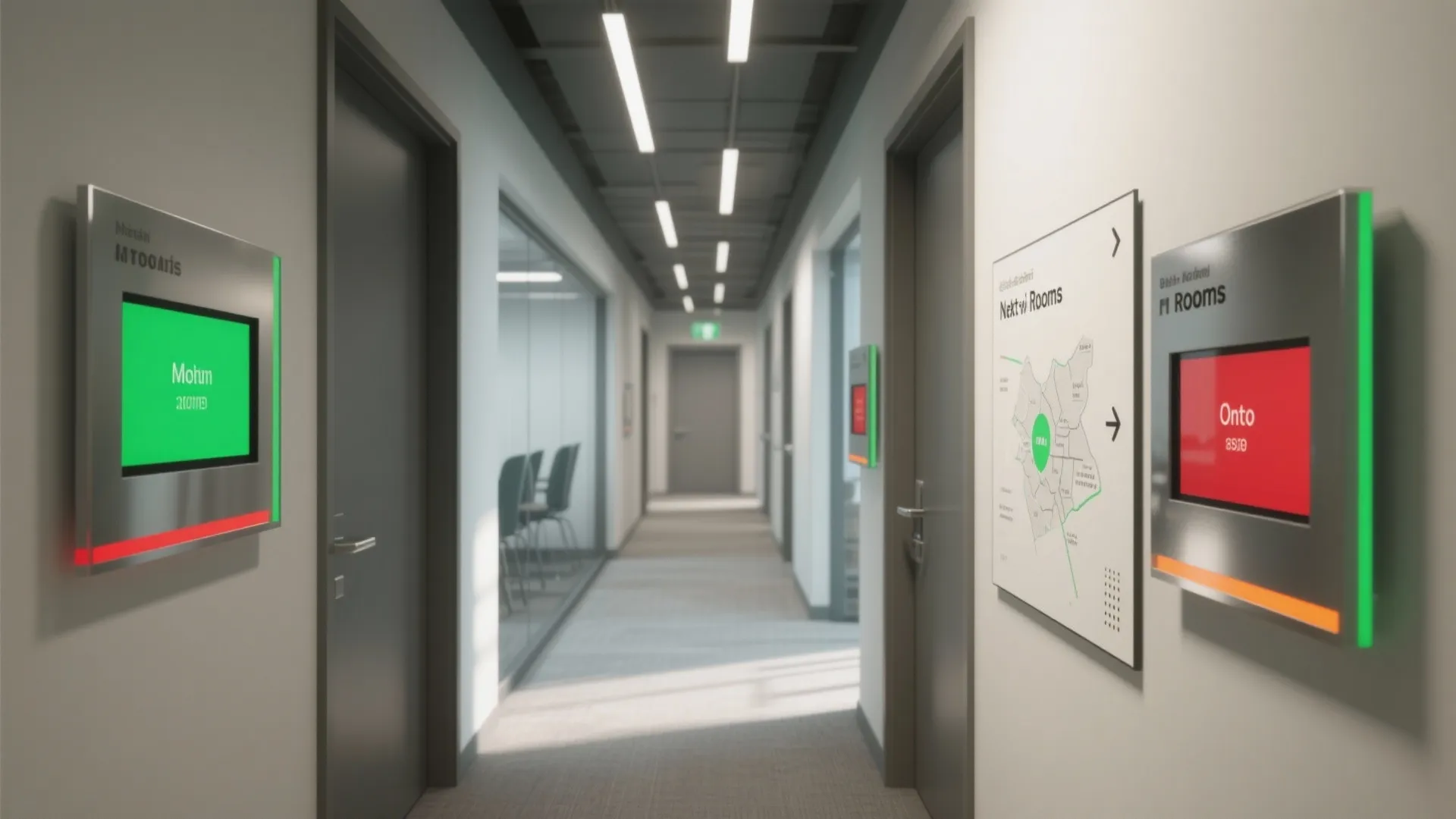 Modern office hallway featuring smart digital signage screens mounted on white walls near grey doors