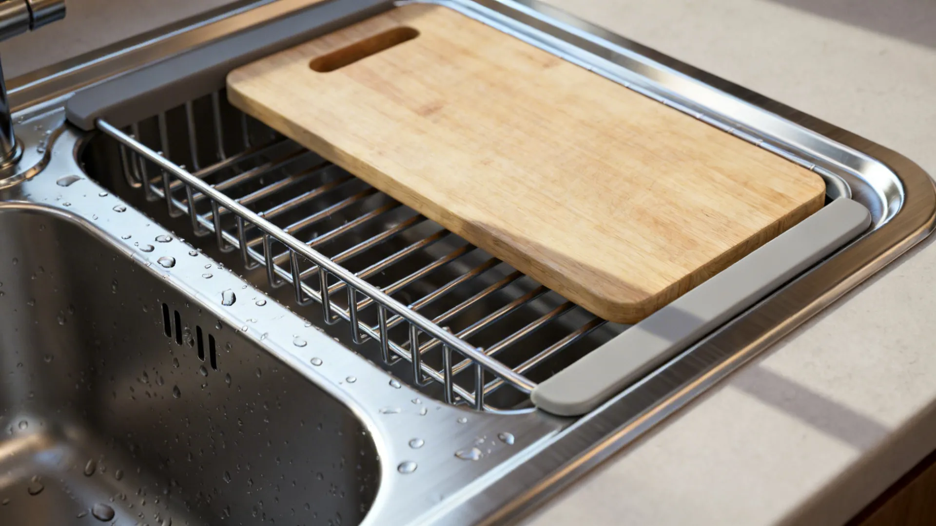 Close up of a stainless steel kitchen sink featuring a metal drying rack and wooden board