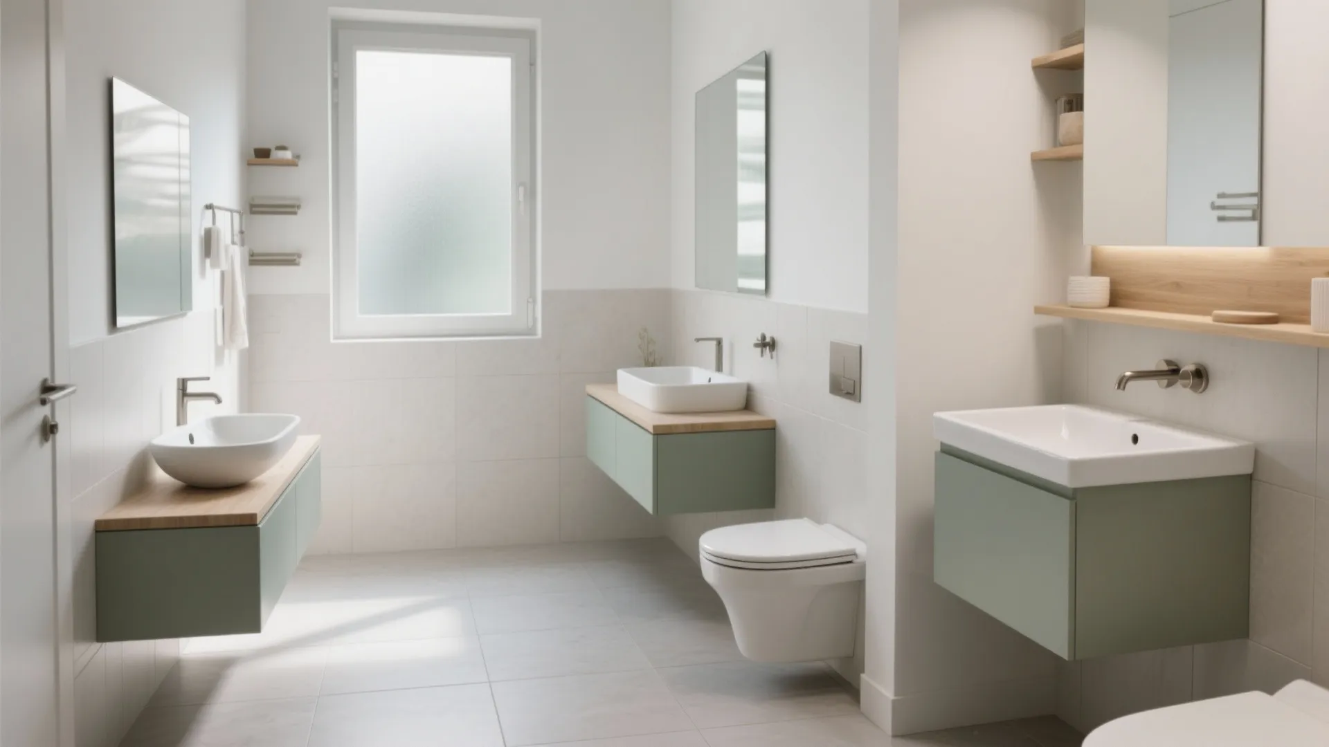 Modern bathroom featuring green wall mounted cabinets with white sinks toilet white floor tiles and window