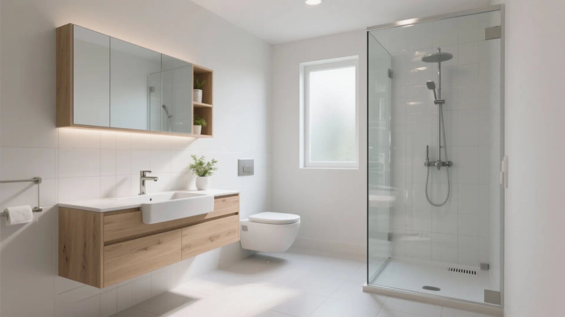 Modern white bathroom featuring wooden cabinet with sink wall mirror toilet and glass shower box