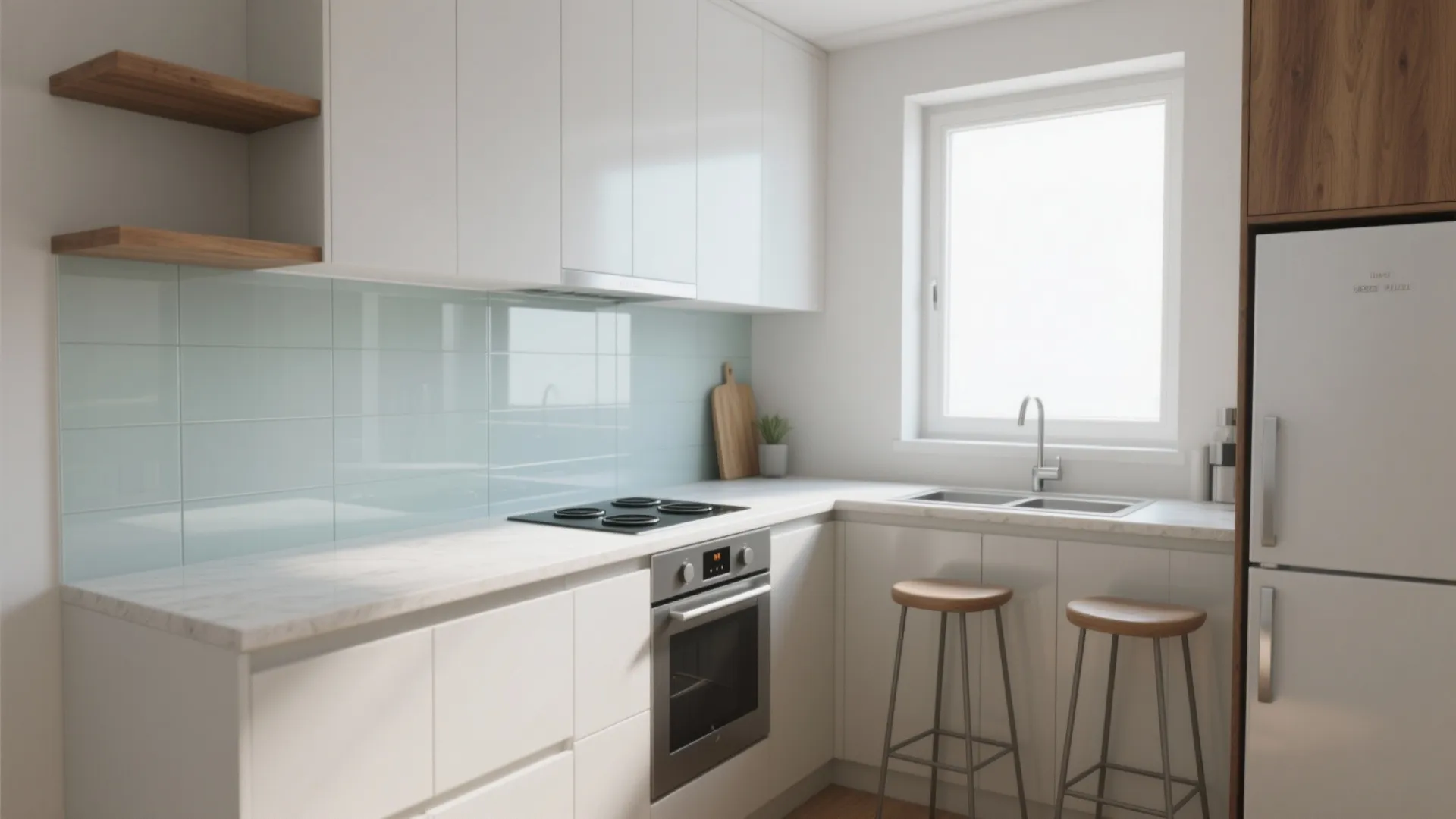 Modern white kitchen with light blue wall tiles wood shelves oven and small wooden stools