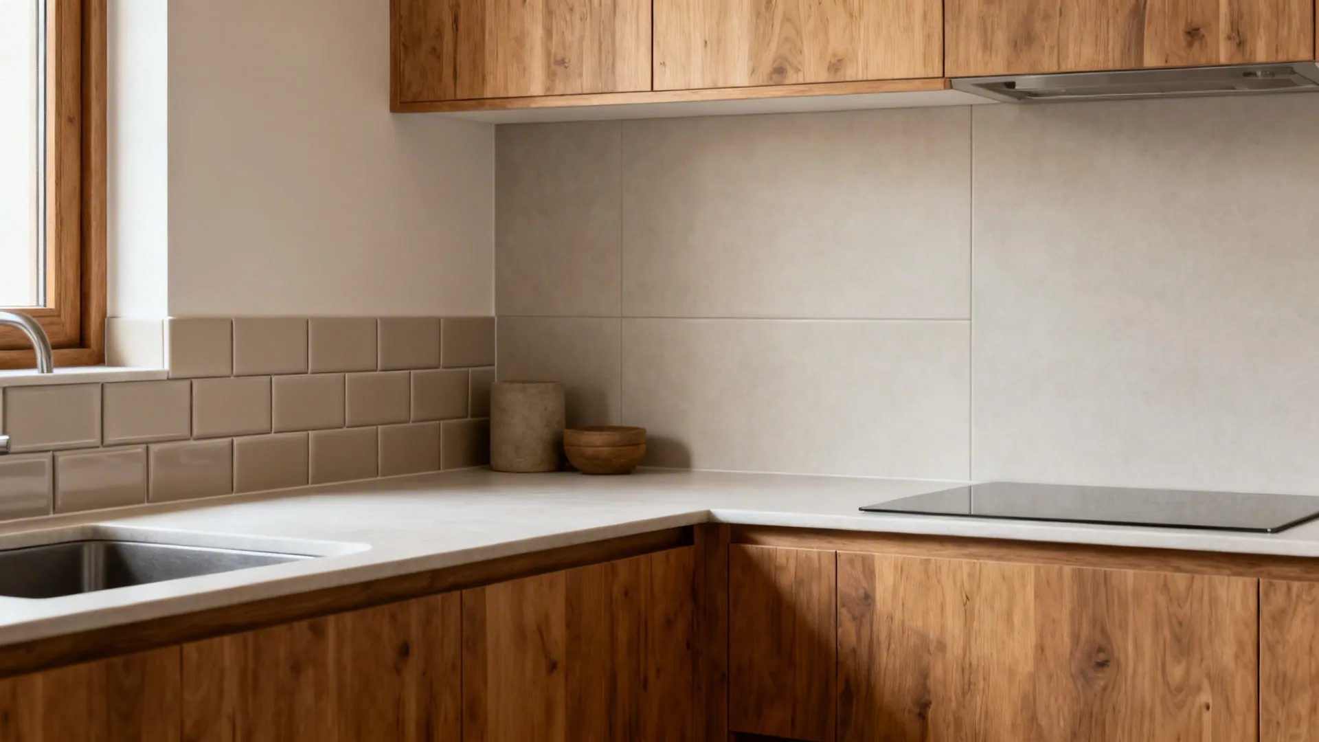 Compact modern kitchen with mixed surfaces prioritizing durability and low maintenance.