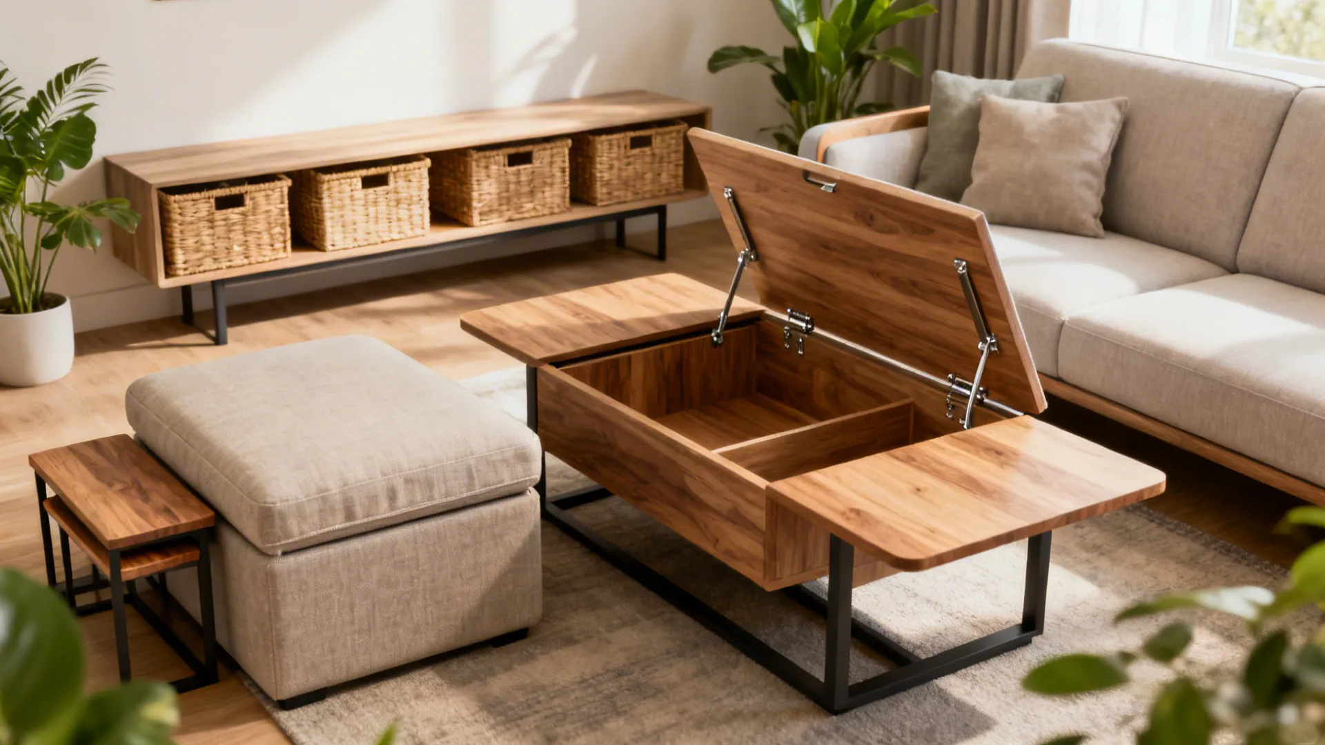 Functional living room with wooden coffee table featuring hidden storage space next to grey sofa