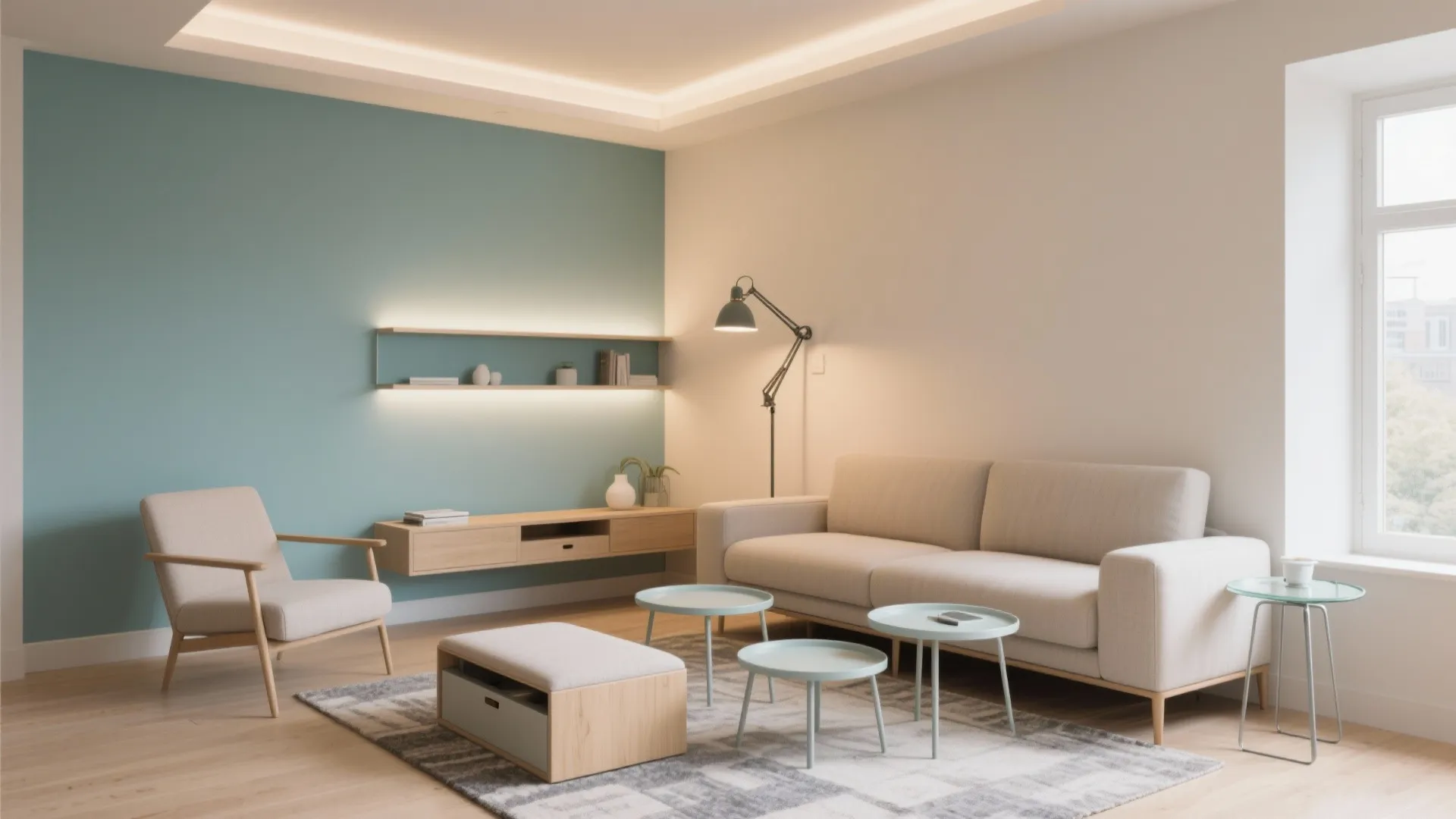 Modern living room with blue accent wall beige sofa floor lamp and small round tables