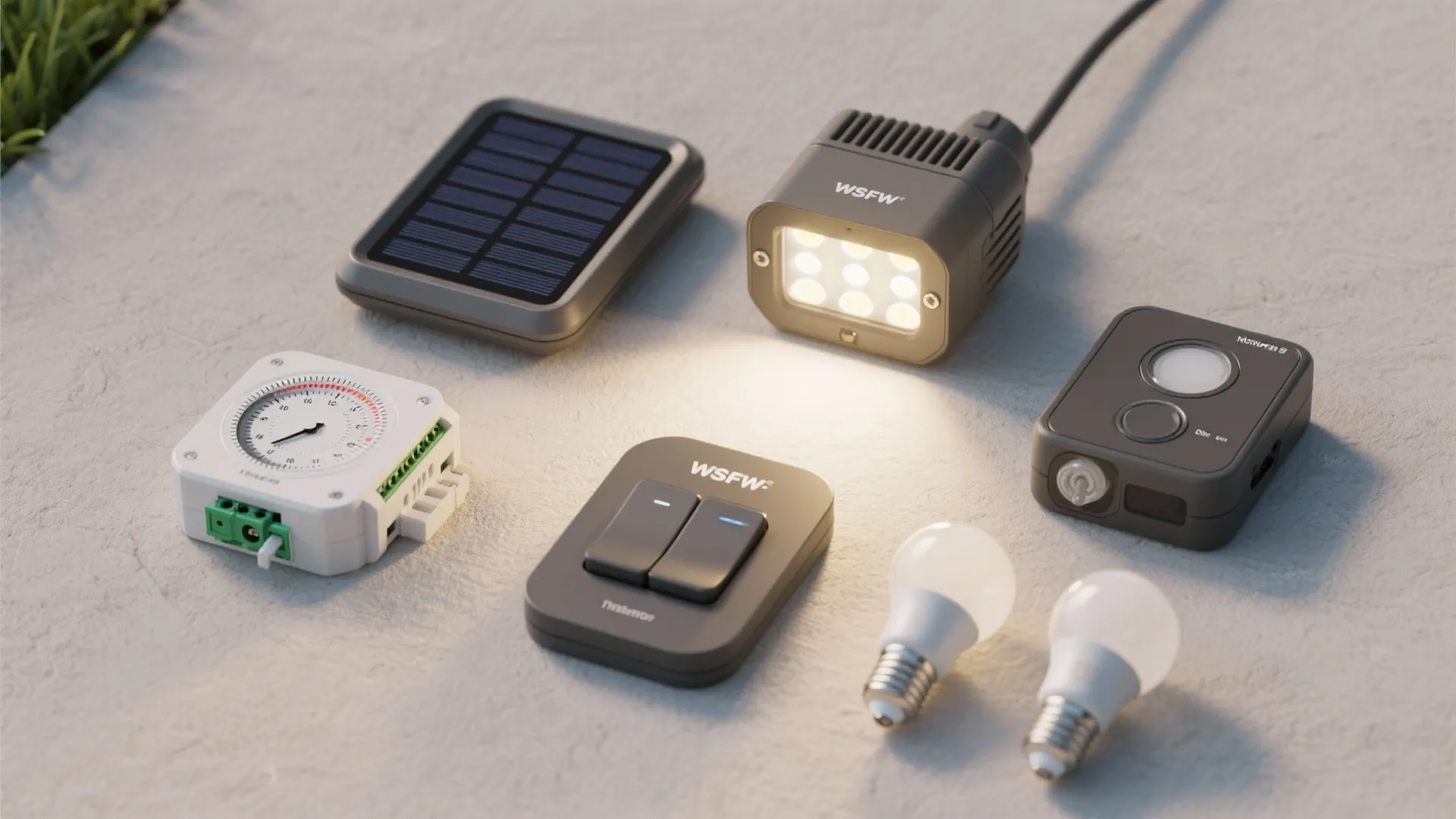 Flatlay of smart switches, solar fixtures, motion sensors and dimmers for outdoor lighting