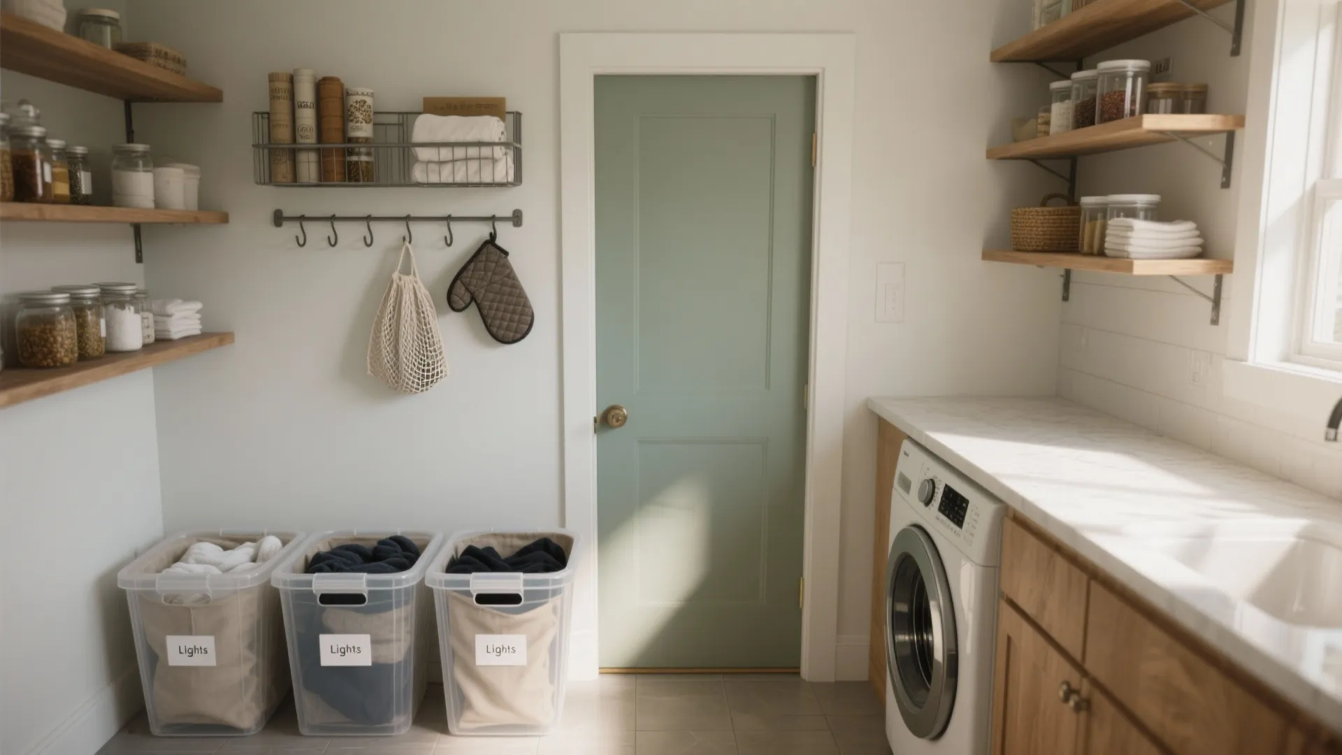 Laundry room with white washer wooden cabinets green door and three clear plastic labeled bins