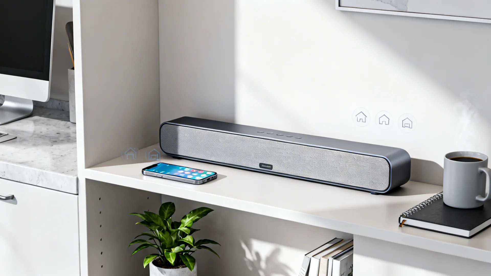 Smart soundbar on a small kitchen shelf with a phone and notebook, suggesting voice assistant use