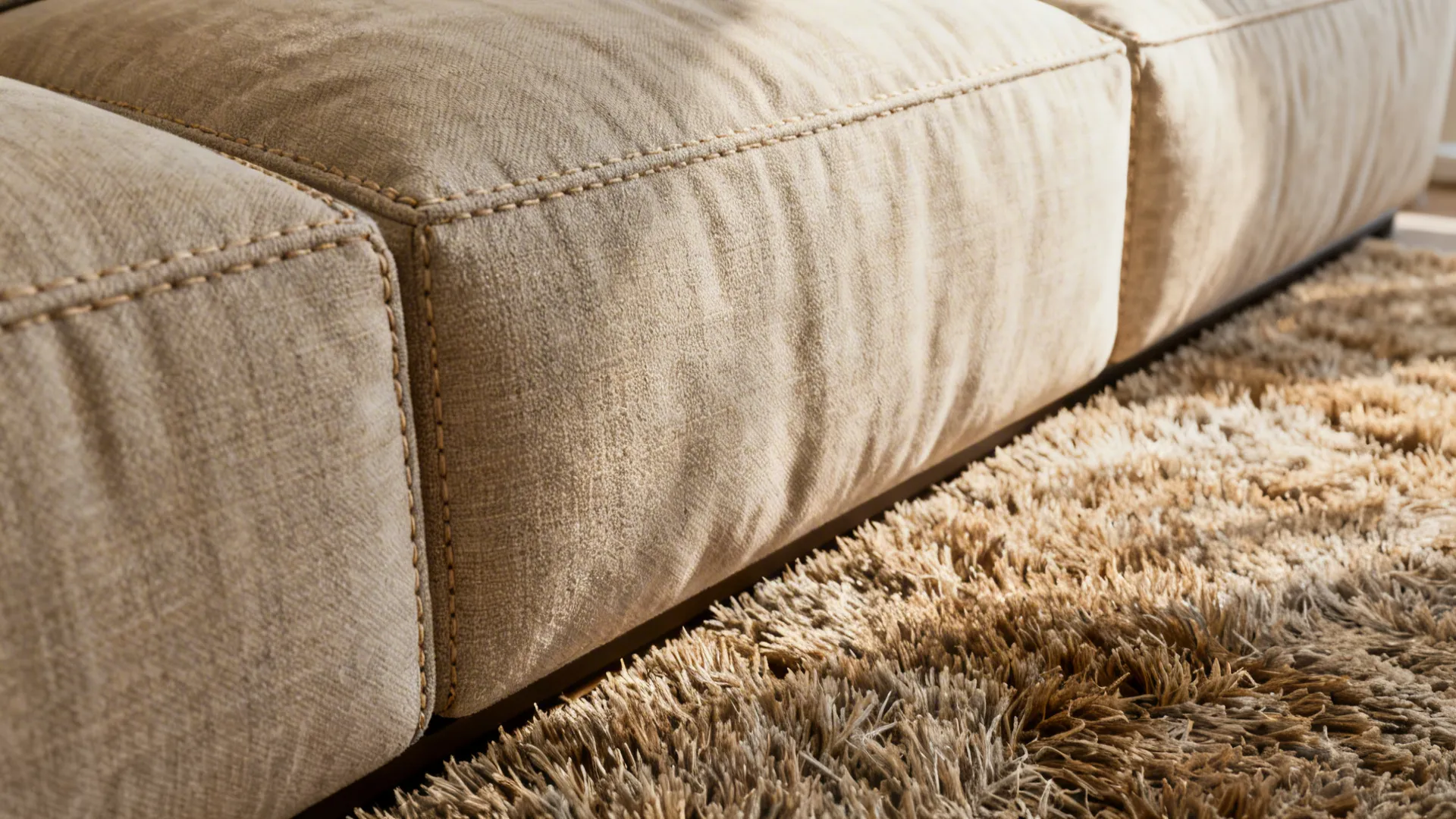 Macro detail of premium sofa fabric and high-quality rug showing weave and texture