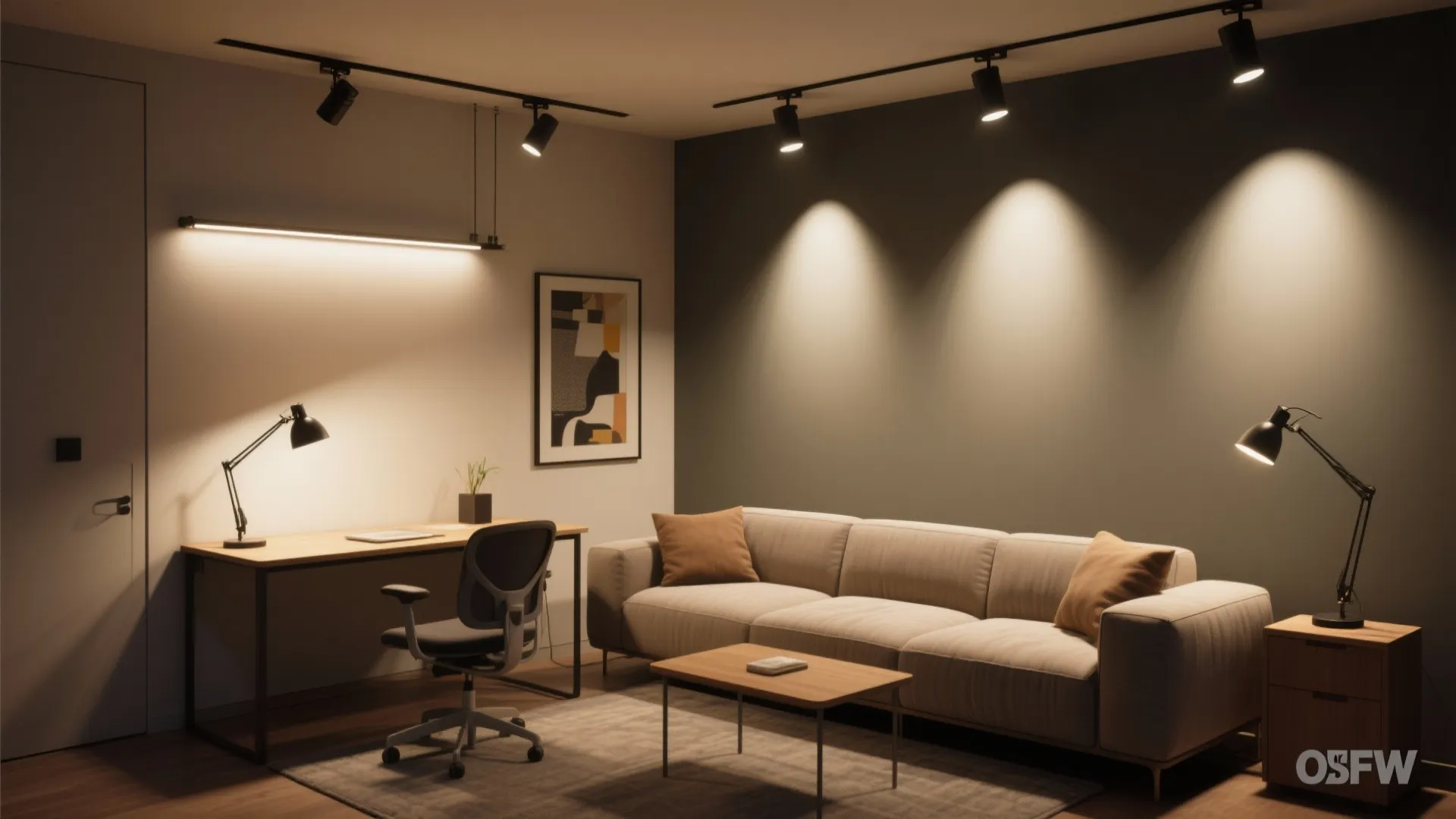Modern living room with grey sofa wooden desk black chair and warm track ceiling lights