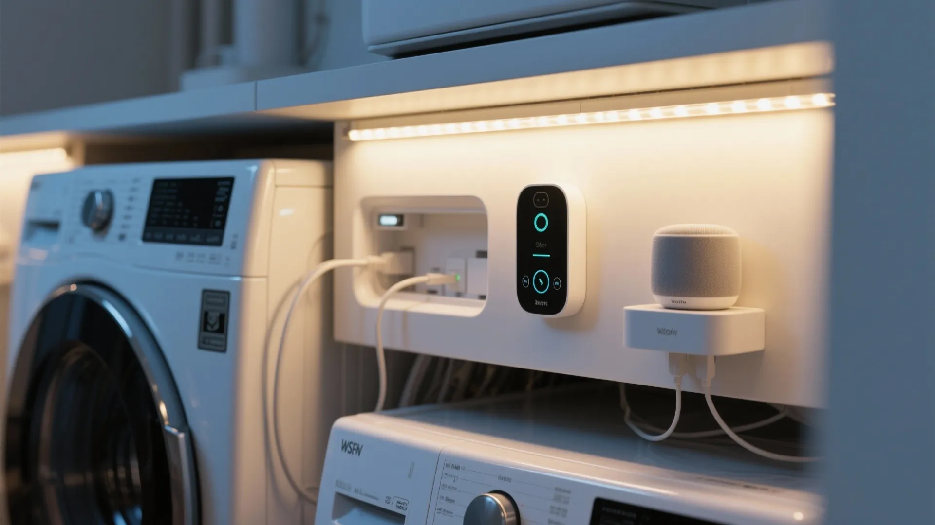 Close-up of smart laundry features: under-cabinet LED, motion sensor, charging dock and voice speaker near a stacked washer dryer.