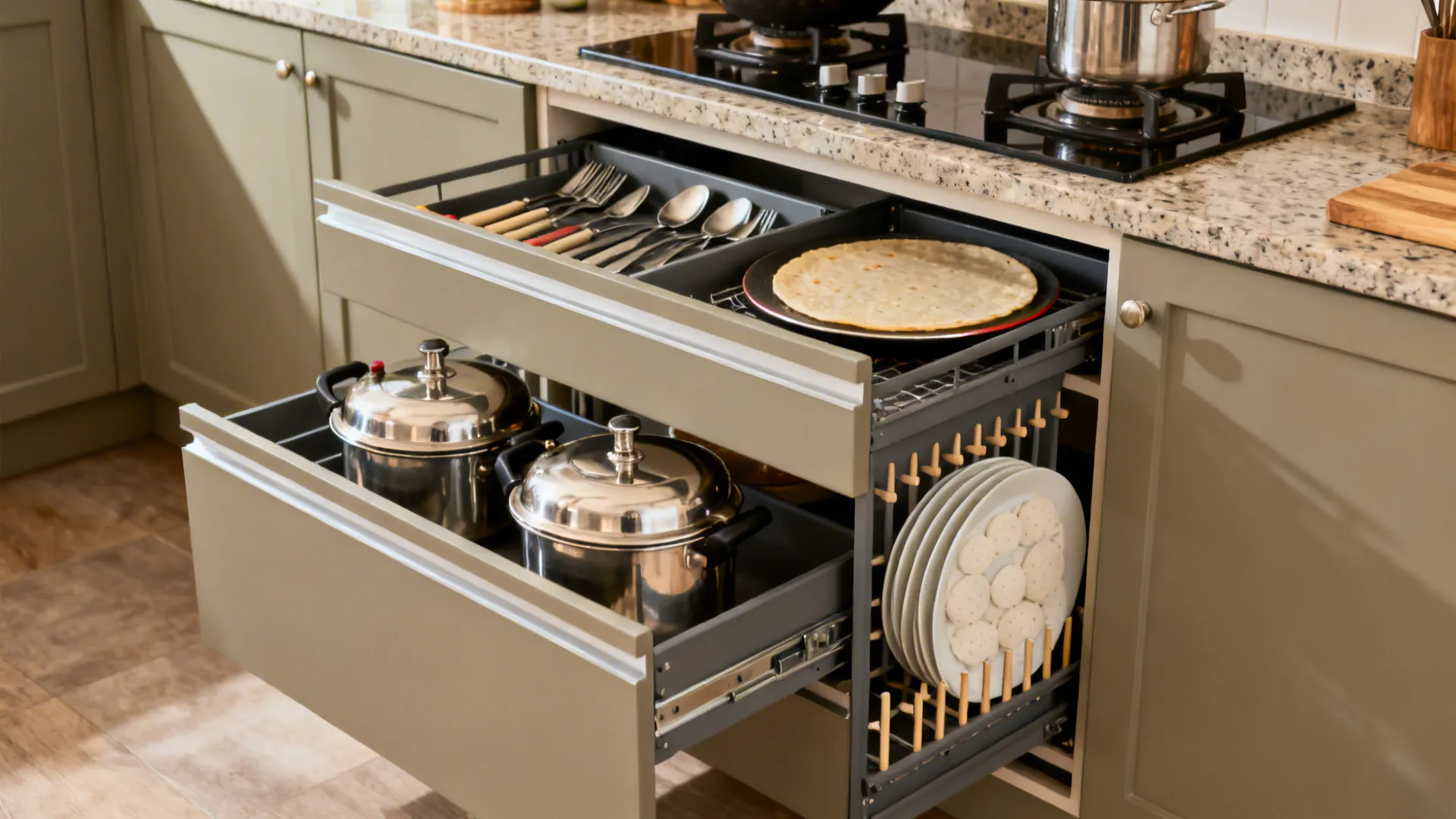 Kitchen drawers storing big steel pots, a vertical tray pull-out, and an idli plate slot with pegs.